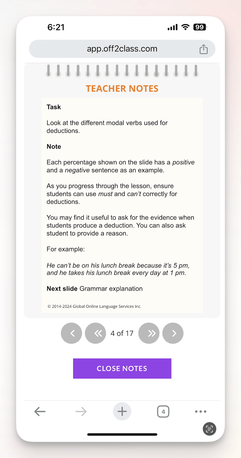 How can I hide my teacher notes and view them on a mobile device?