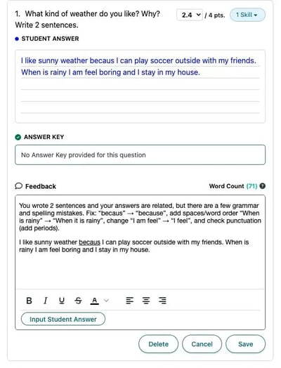 Free-text question in the homework review window with the feedback editor open, showing the Input Student Answer button and the Delete, Cancel and Save buttons.