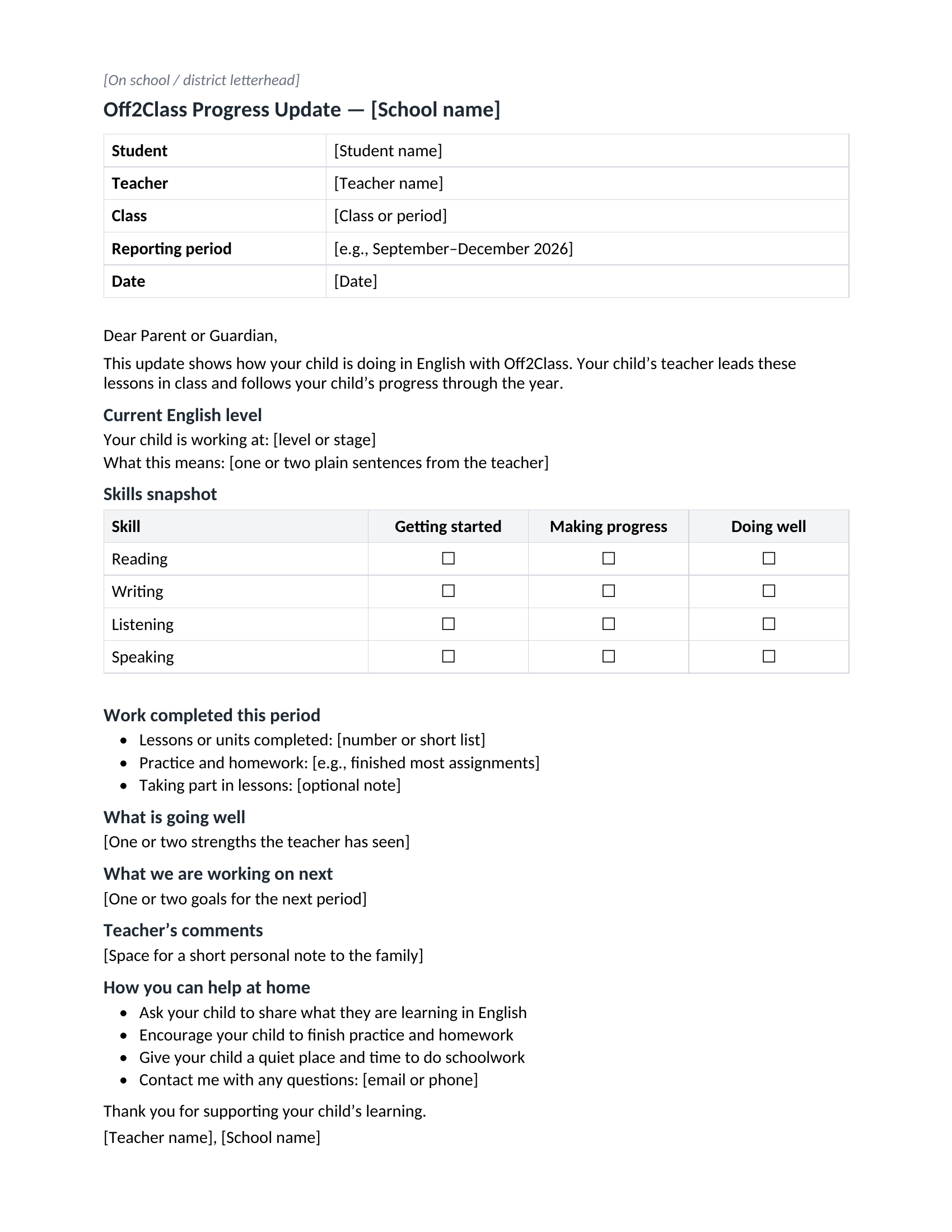 The English Parent Progress Report template, with student performance, skills and teacher notes.