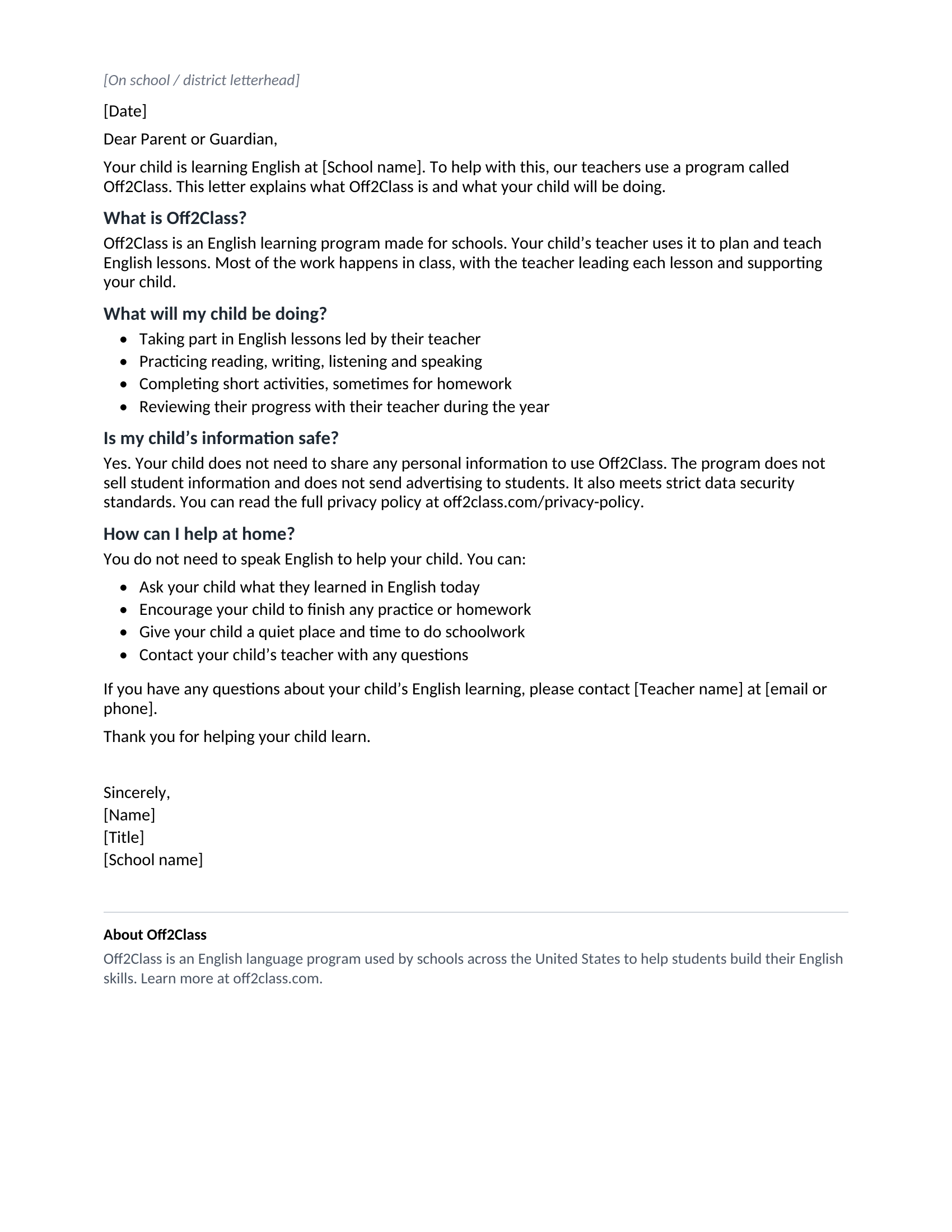 The English Parent Welcome Letter template, introducing Off2Class to families.