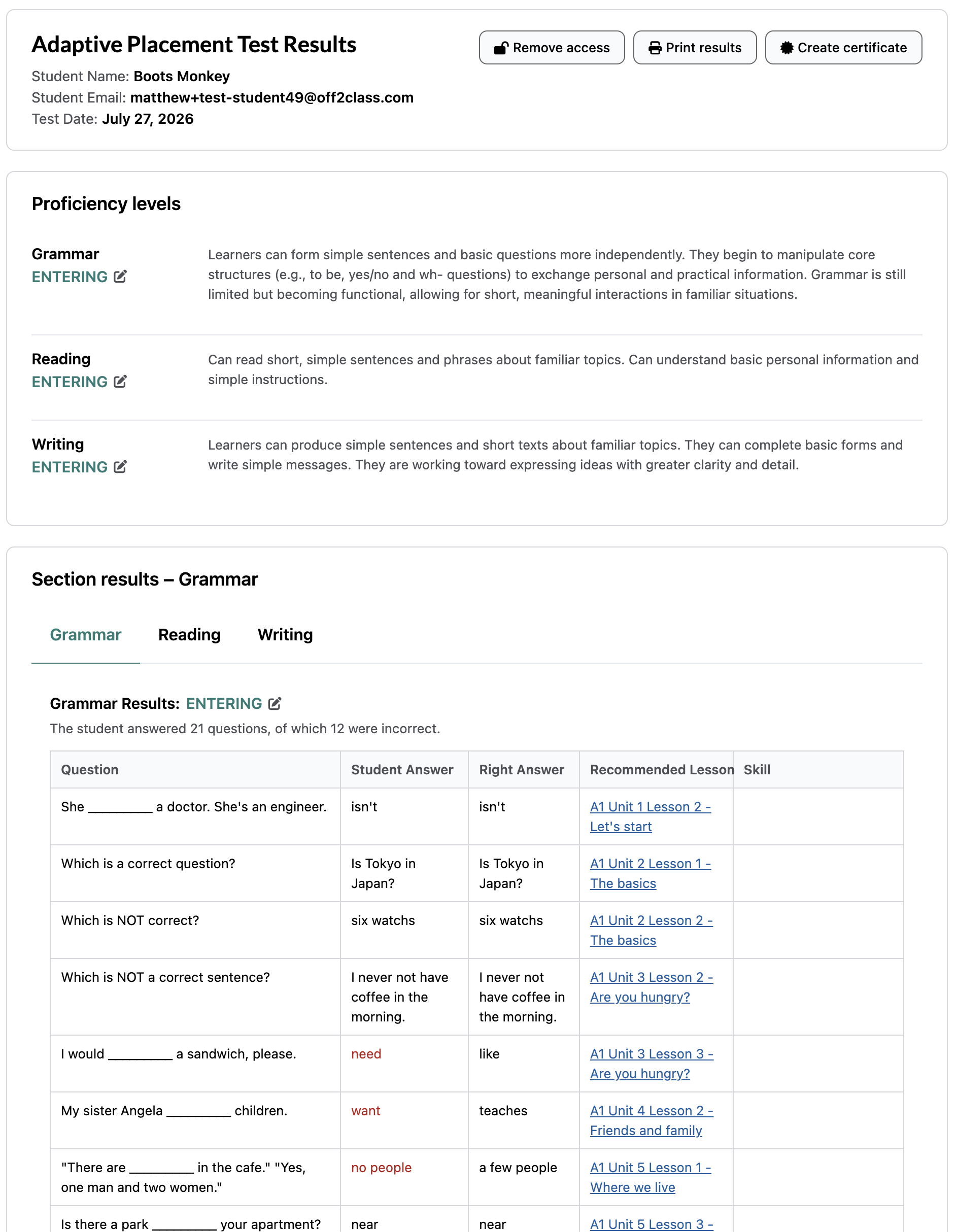 The redesigned Adaptive Placement Test results screen, showing proficiency levels, section tabs, student responses and recommended lessons.