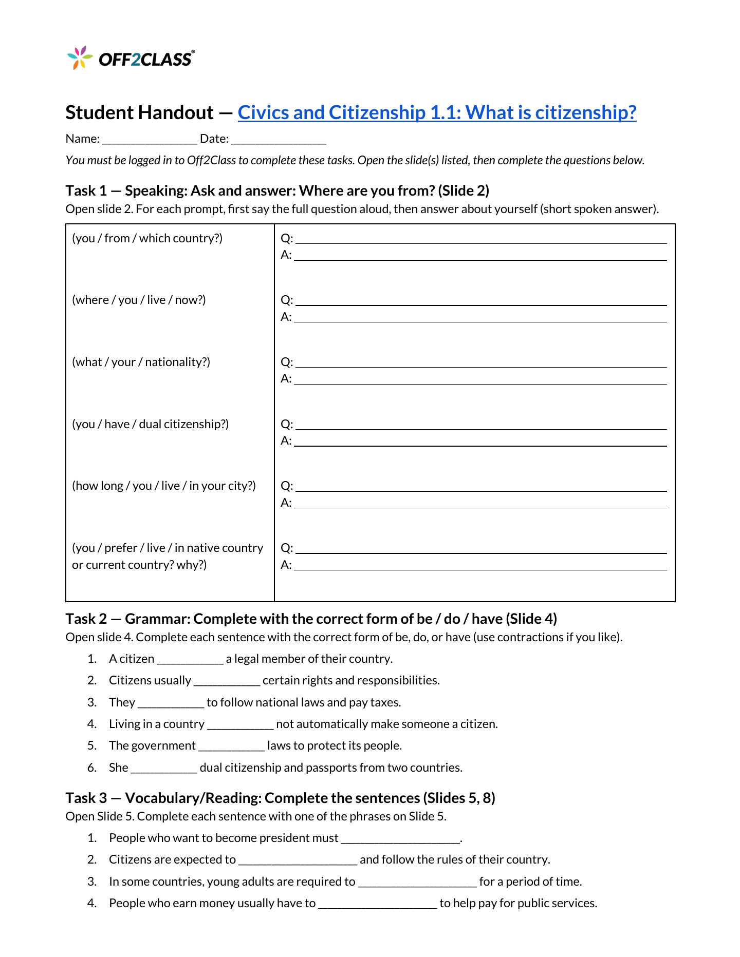 Page 1 of 3 of the What is citizenship? student handout.