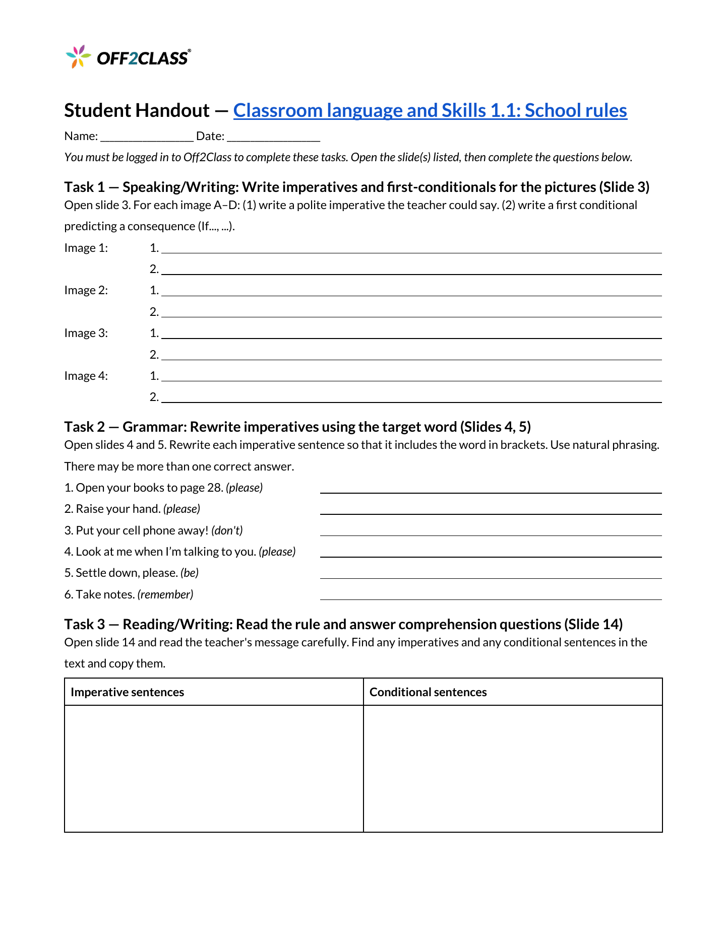 Page 1 of 3 of the School rules student handout.