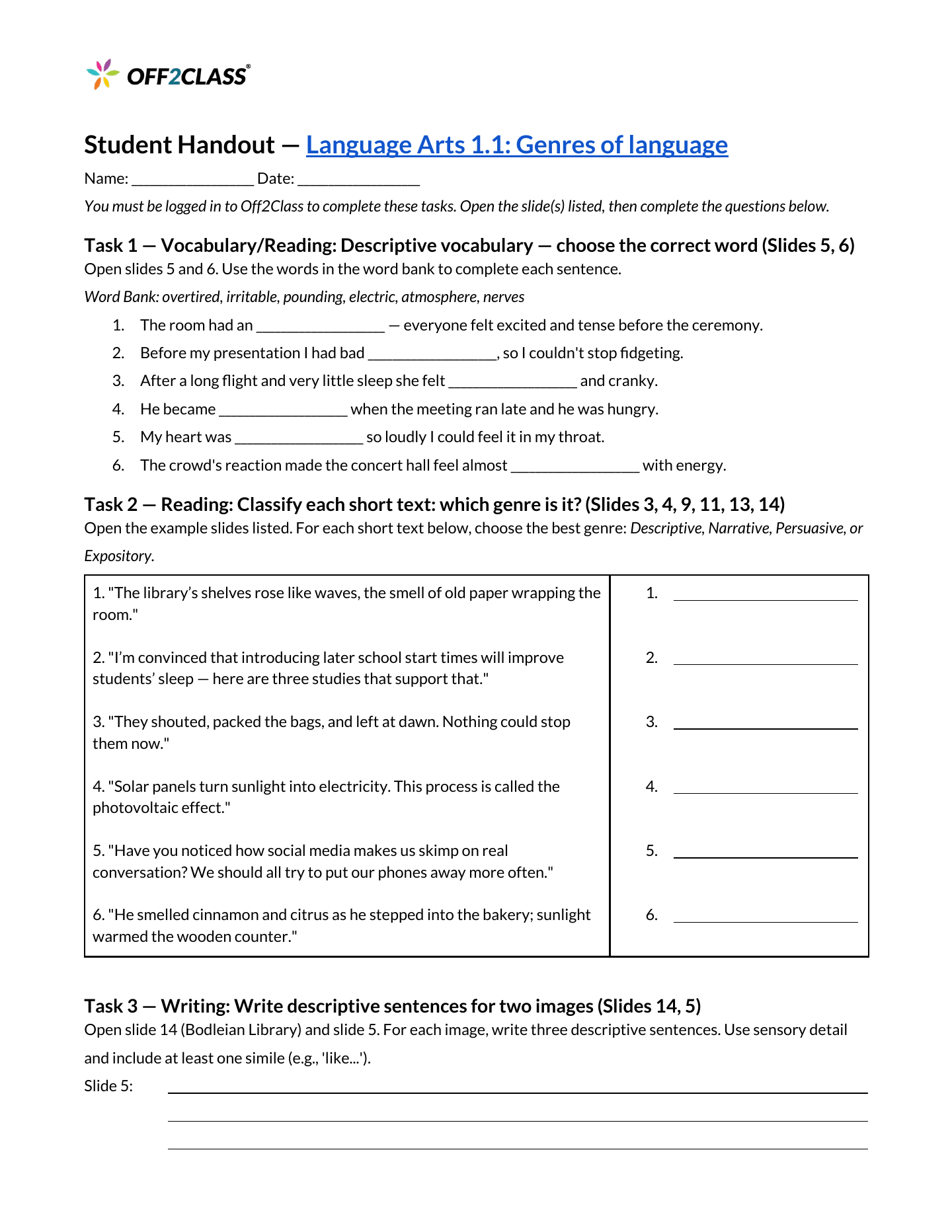 Page 1 of 3 of the Genres of language student handout.