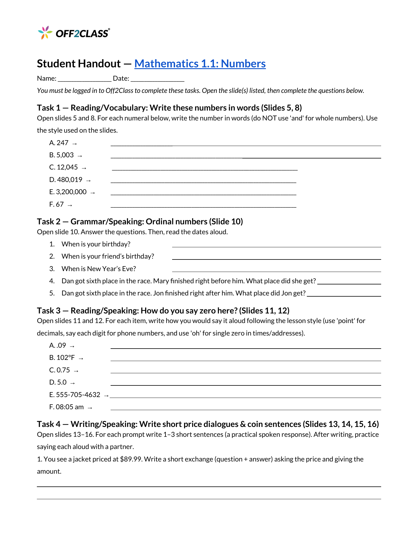 Page 1 of 3 of the Numbers student handout.