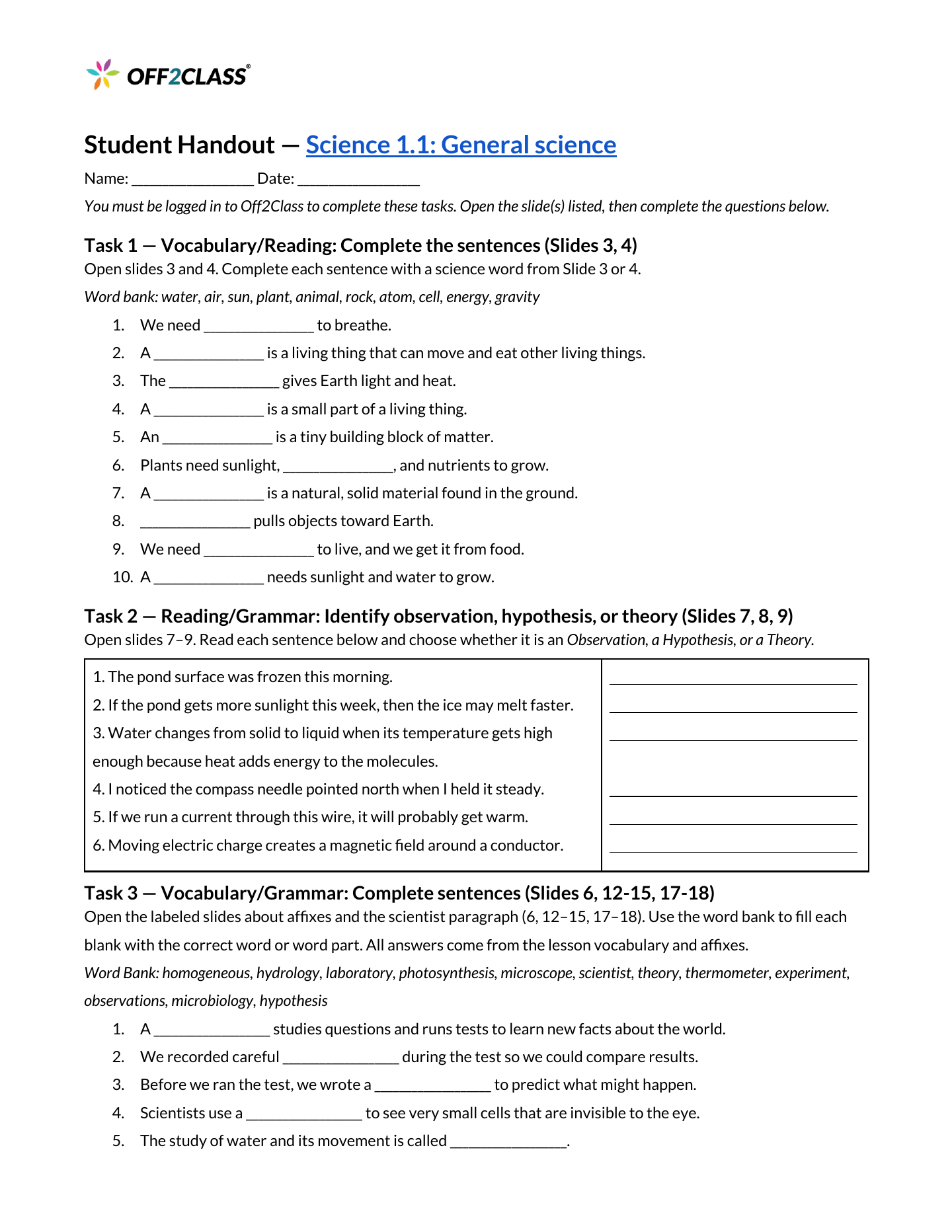 Page 1 of 3 of the General science student handout.