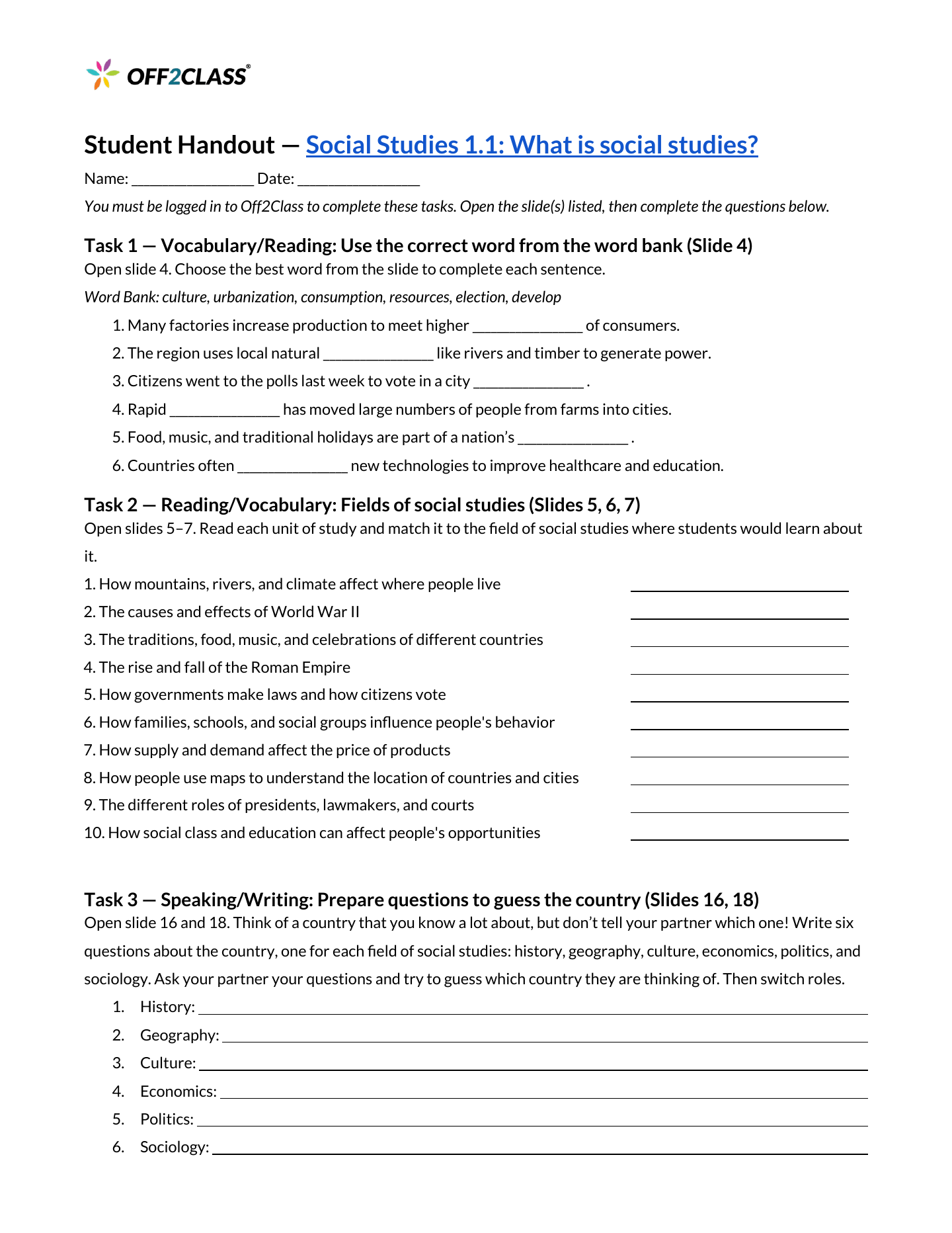 Page 1 of 3 of the What is social studies? student handout.