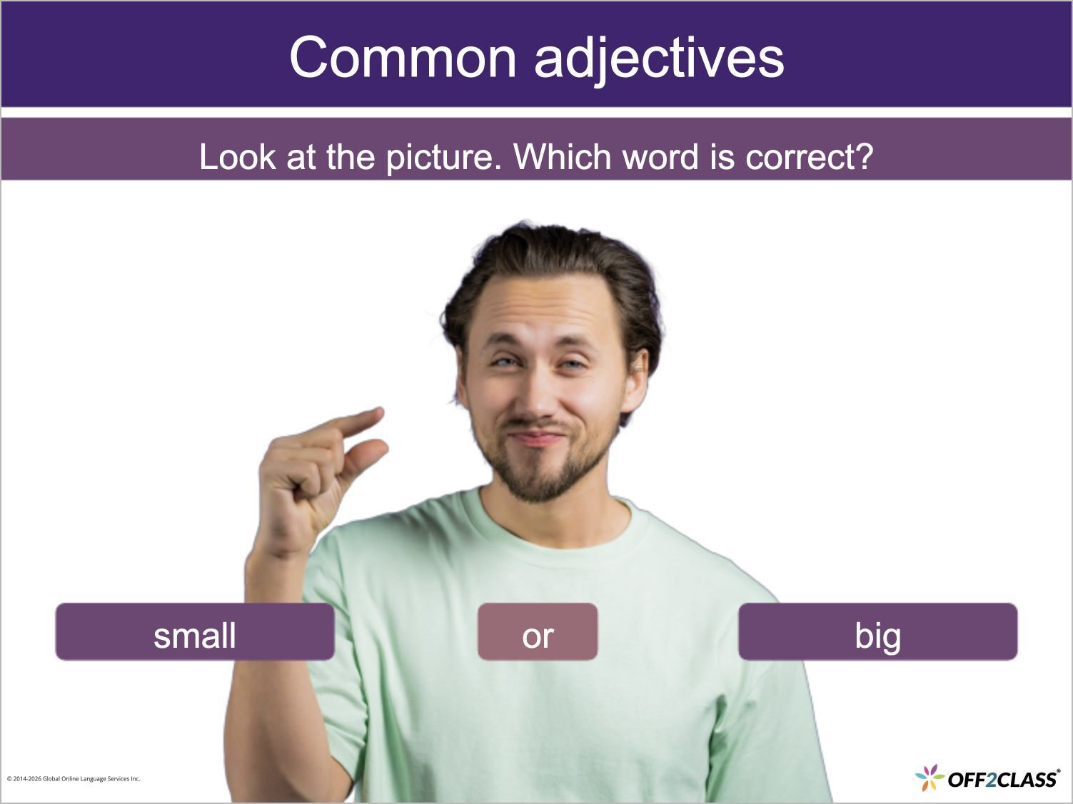 A visual adjective opposites prompt asks students to choose small or big.