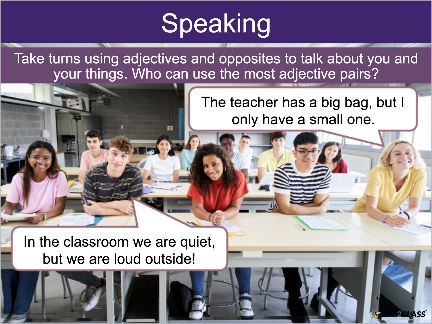 A speaking activity encourages students to use pairs of adjectives and opposites to describe themselves and their things.