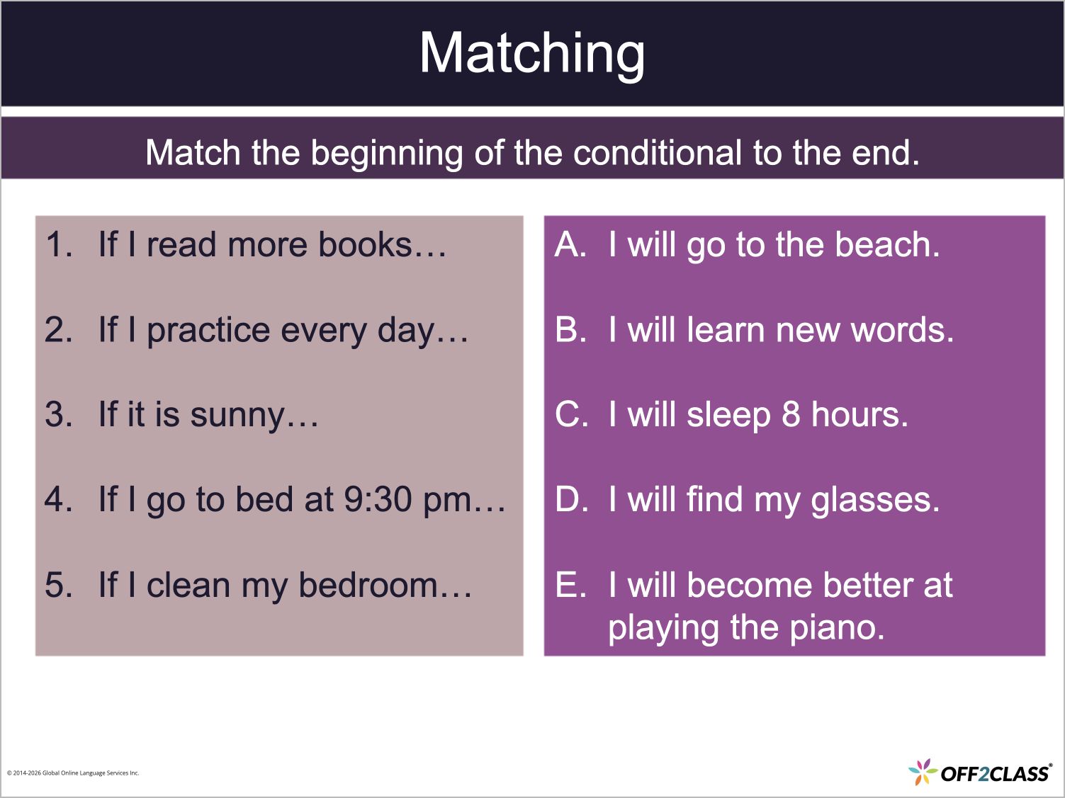 First conditional practice matches actions to their possible results.