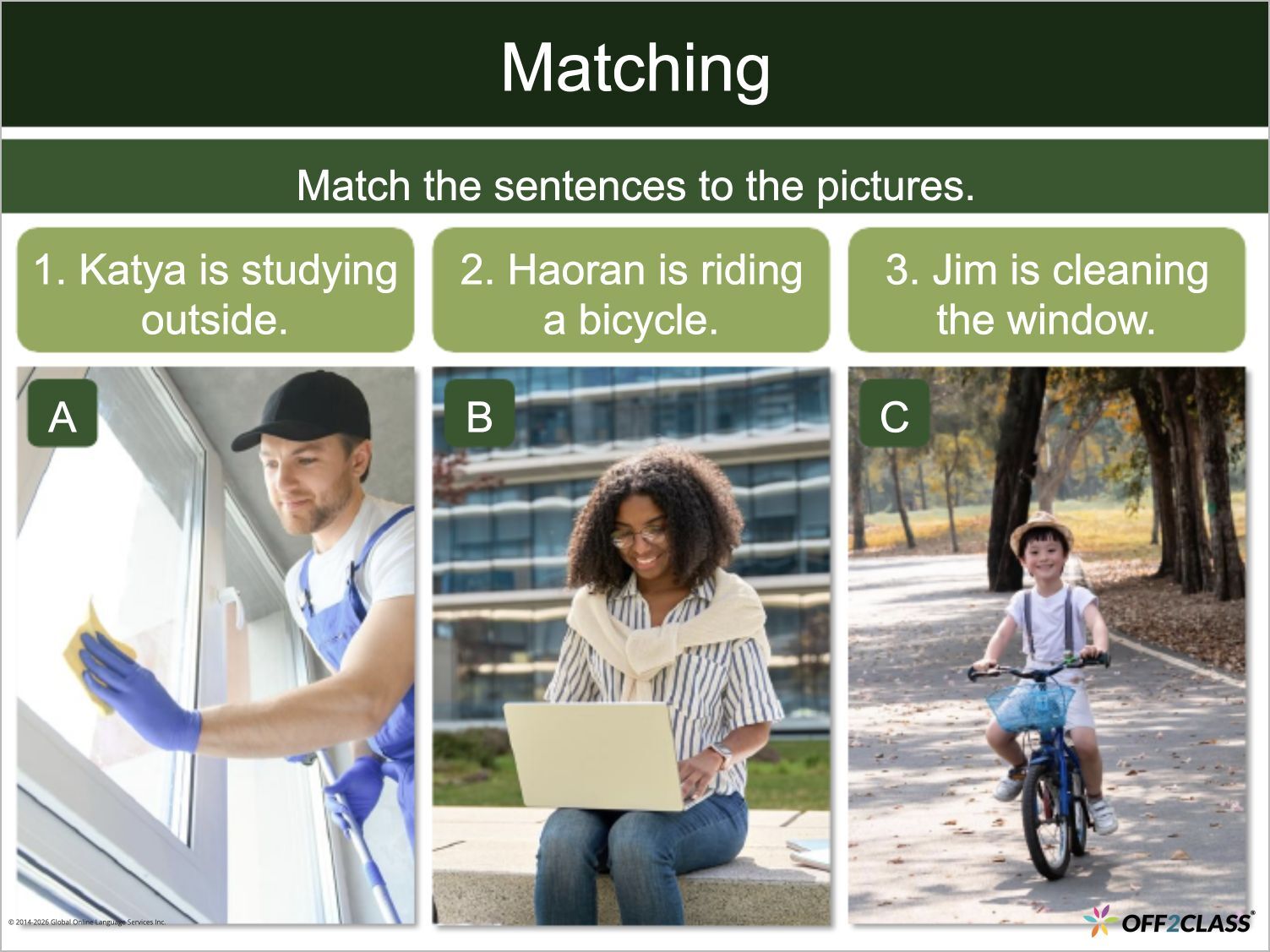 Present continuous picture matching connects actions with sentences about studying, cycling and cleaning.