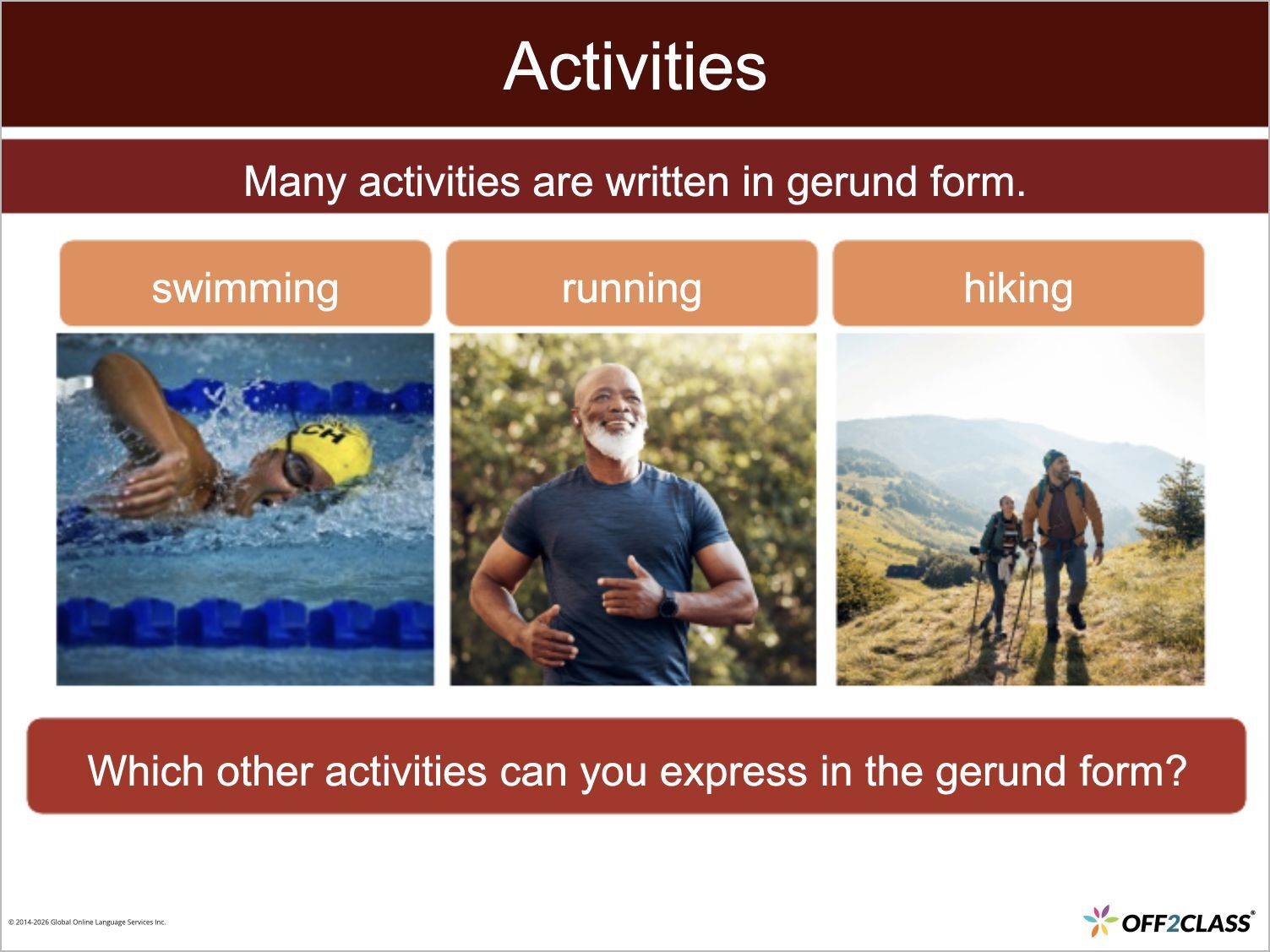 Illustrated swimming, hiking and running examples introduce activities in gerund form.
