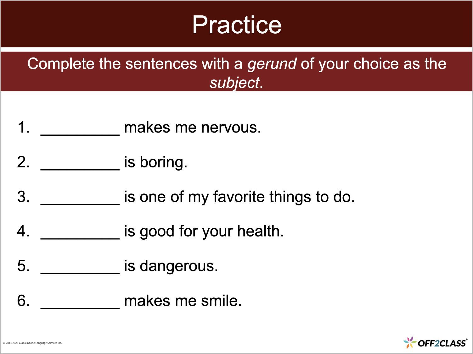 A gerunds practice slide asks learners to complete personal sentences using gerunds as subjects.