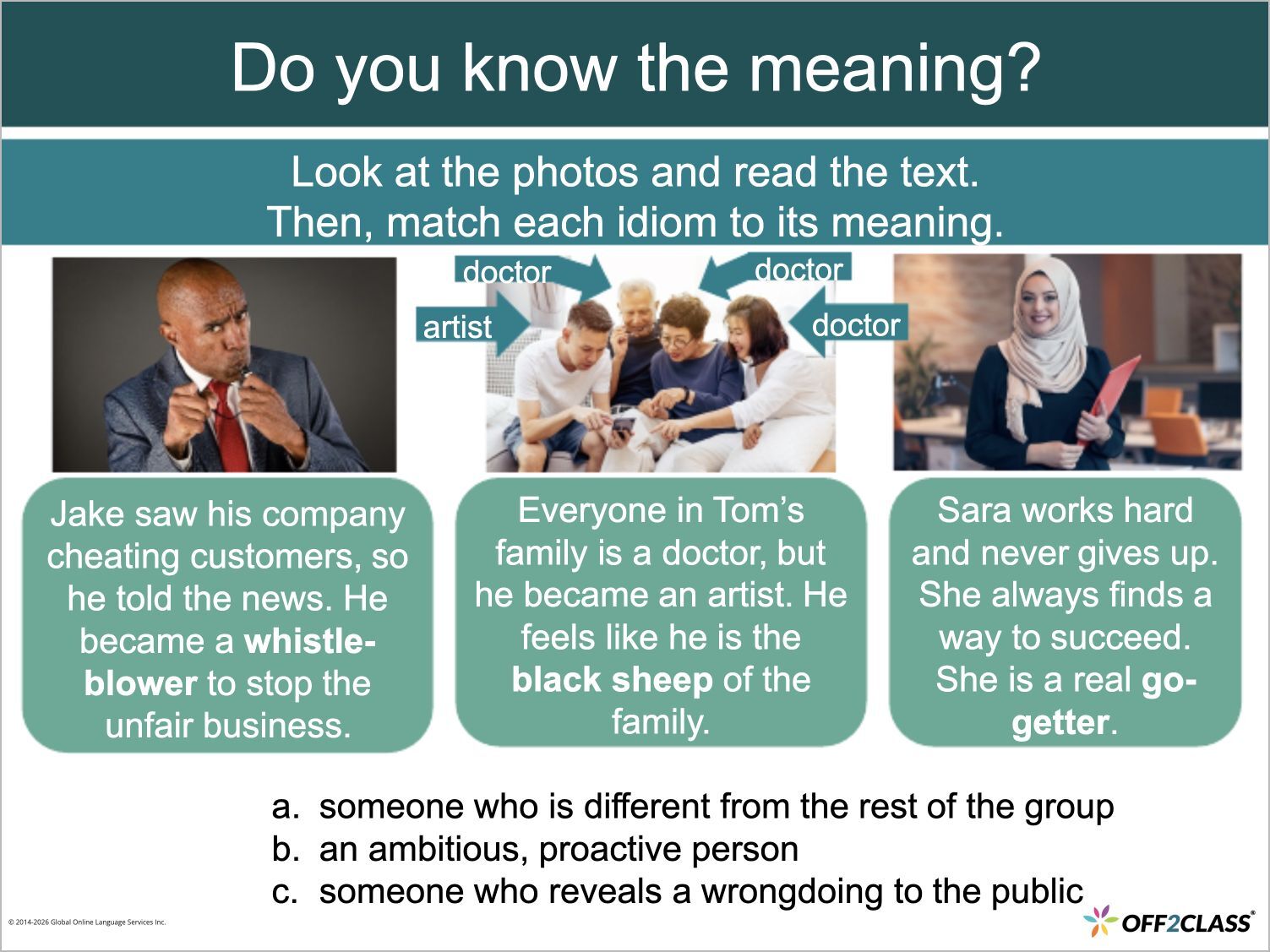 An Idioms lesson uses short stories and photos to teach go-getter, black sheep and whistle-blower.