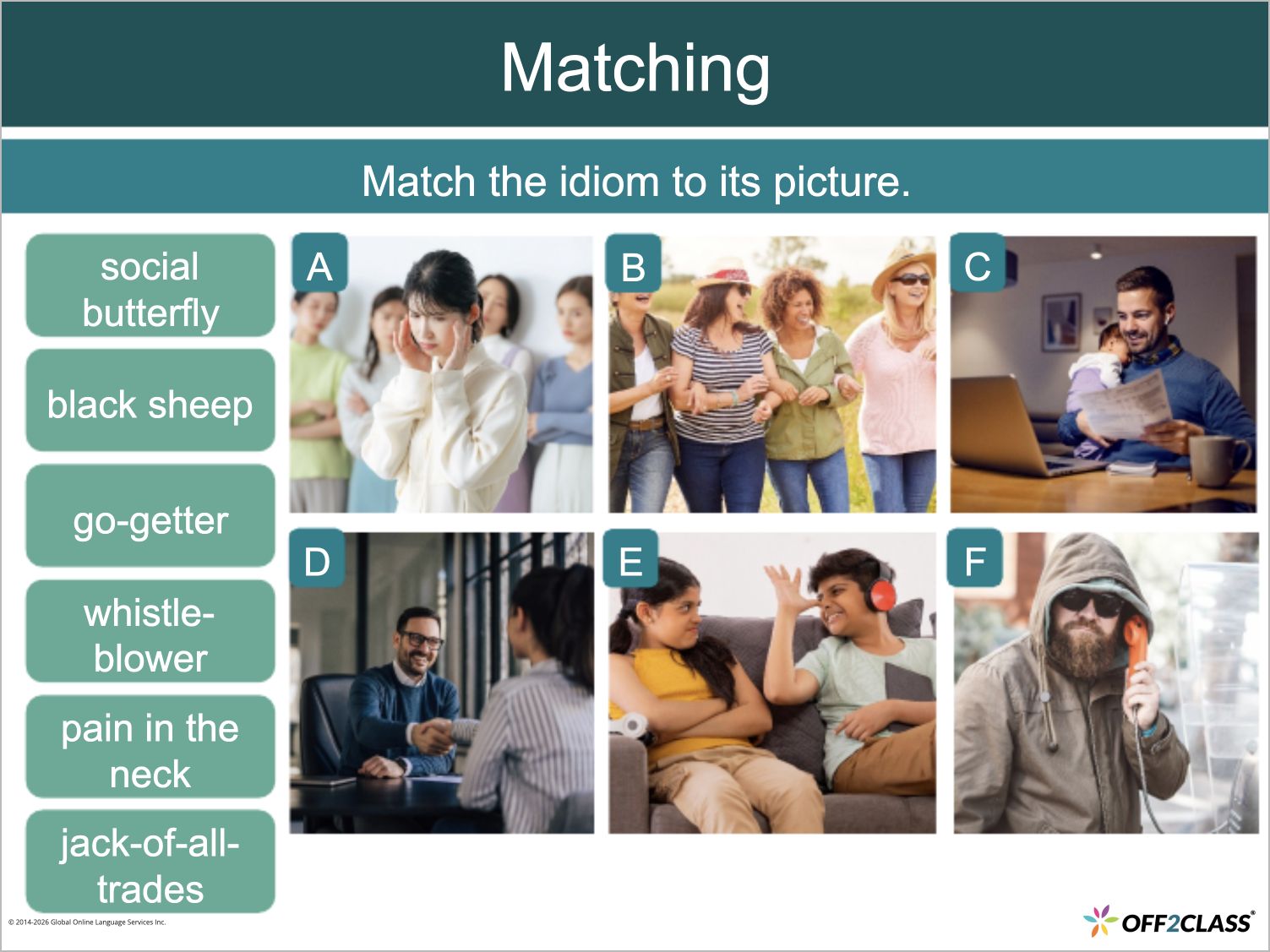 Learners match six idioms describing people to photographs.