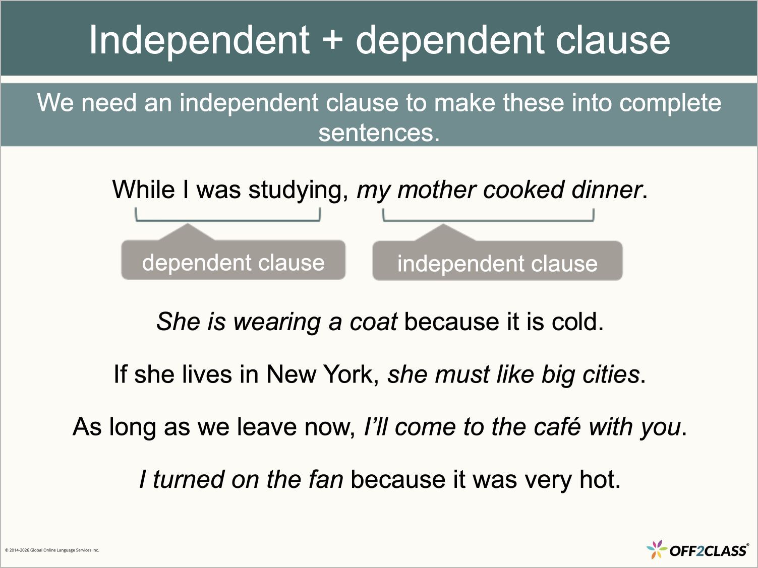 Linking Words slide combining independent and dependent clauses into complete sentences with illustrated examples.