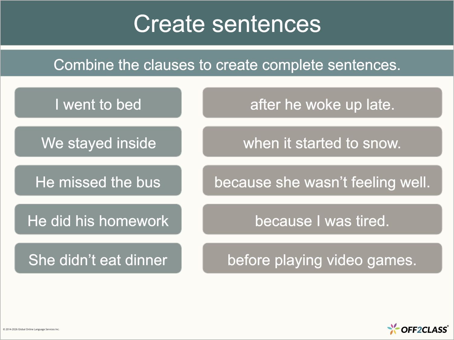 A Linking Words activity asking learners to match clauses and create complete sentences.