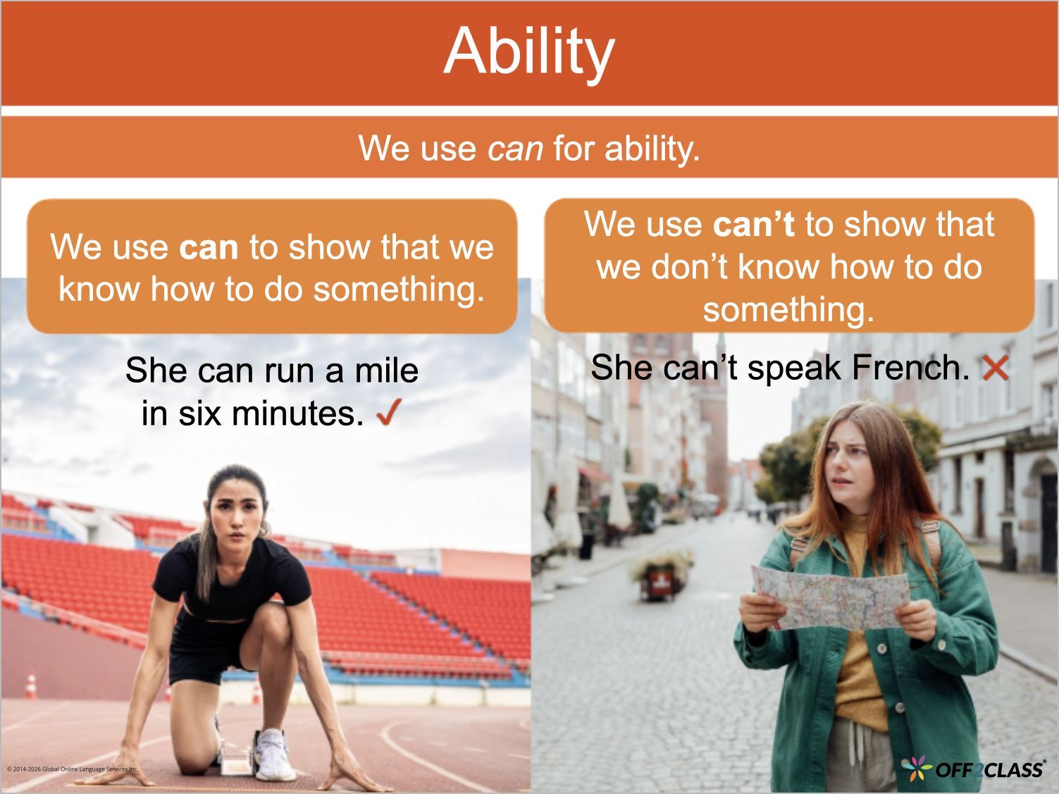 Modal verbs lesson contrasts can and cannot to describe ability using visual examples.