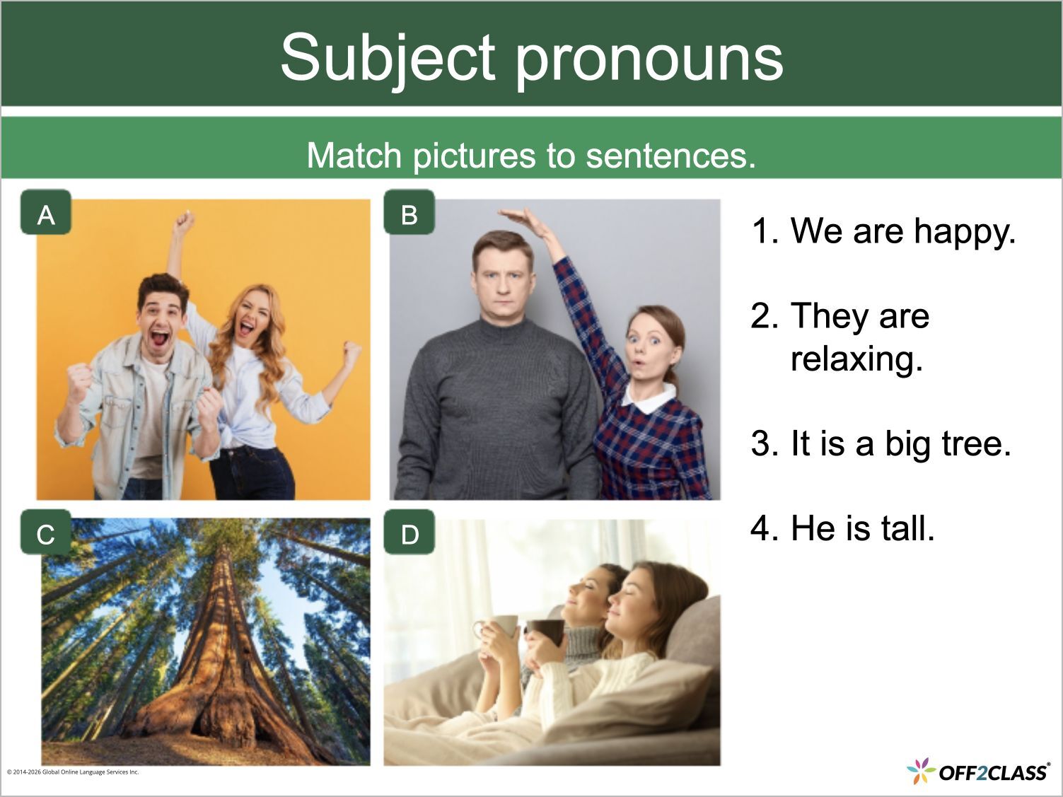 Nouns and Articles lesson matches subject pronouns to pictures and sentences.