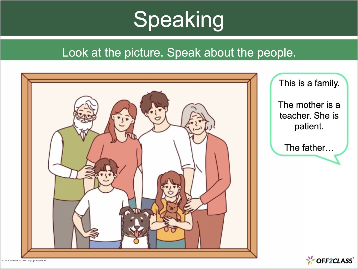 A speaking exercise uses a family illustration to prompt sentences about people using subject pronouns.