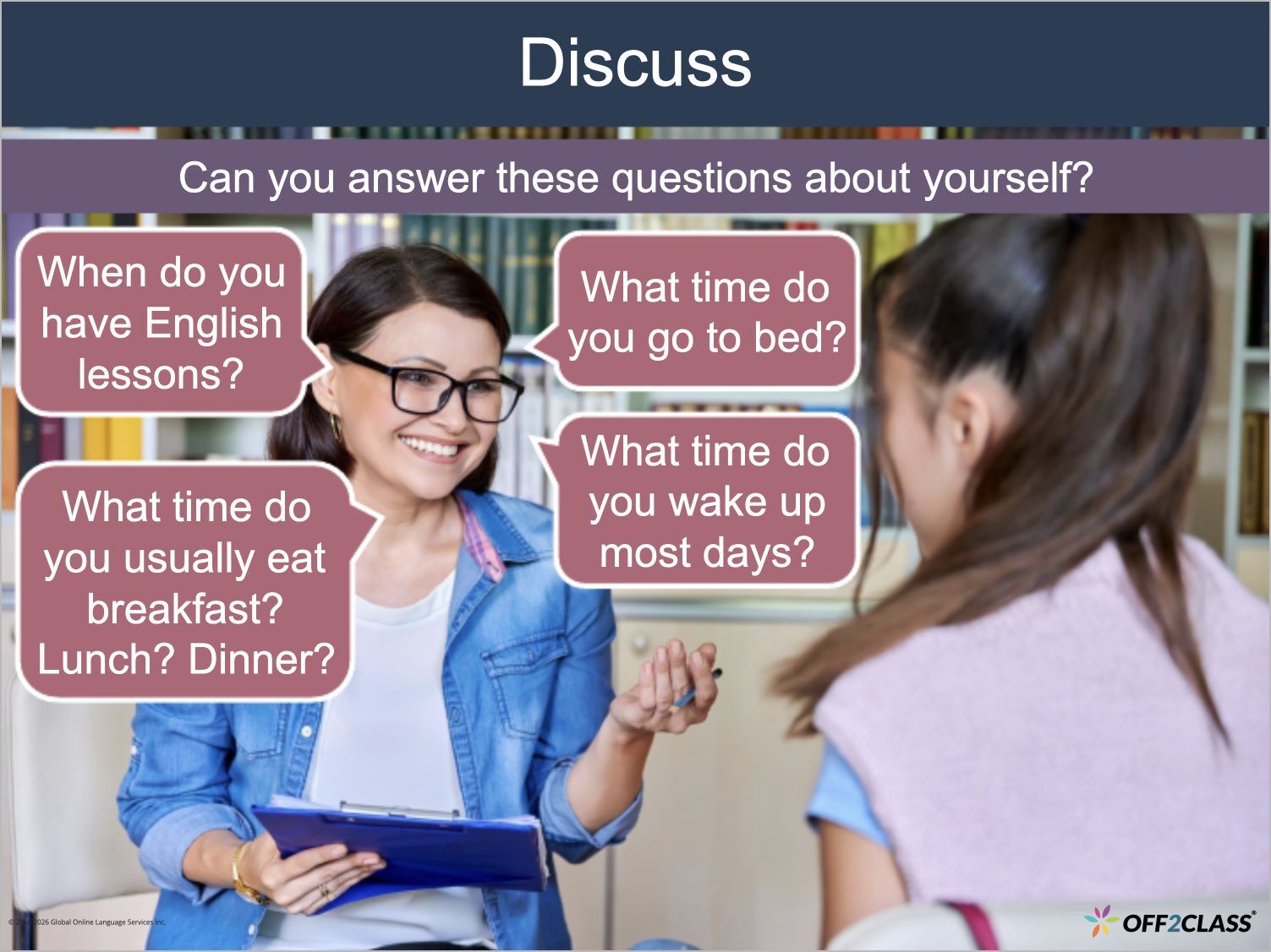 Personal discussion prompts help students use time prepositions to describe daily routines.