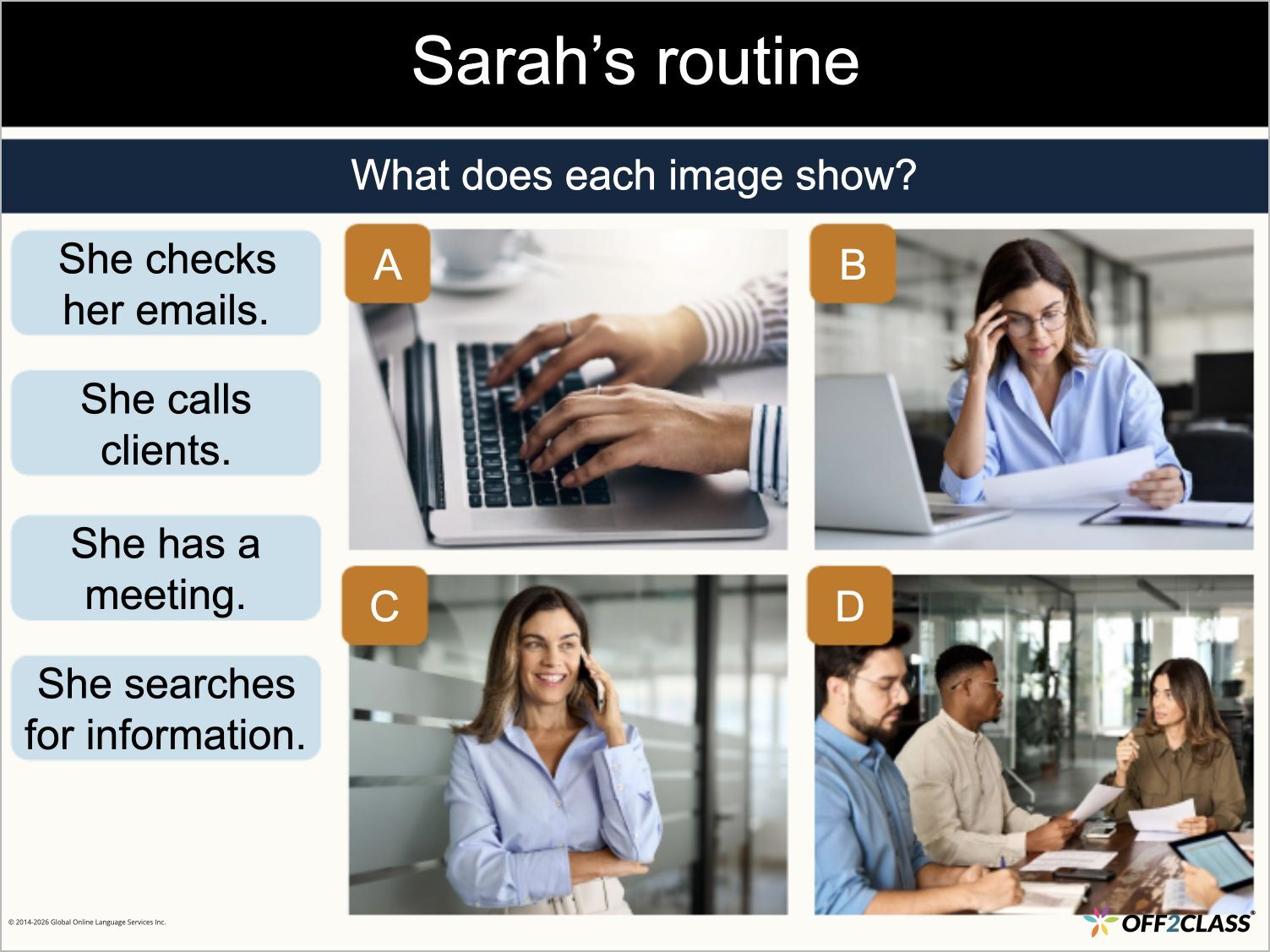 A day at the office lesson showing four workplace routines with photos and sentence prompts.