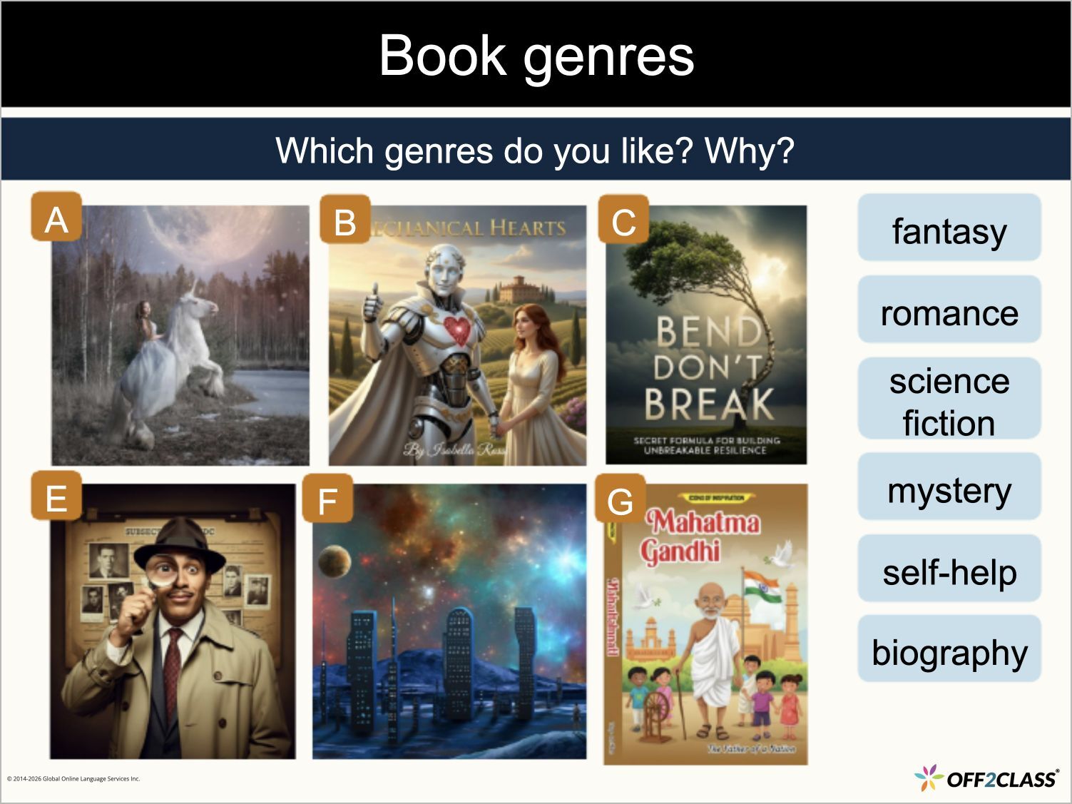 Books and reading lesson with illustrated genres and a prompt to discuss reading preferences.