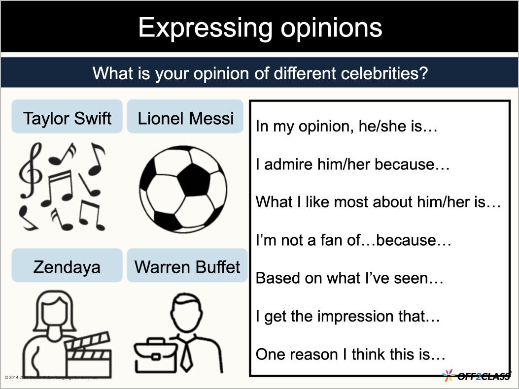 Celebrities and fame lesson with sentence starters for expressing and supporting opinions about celebrities.