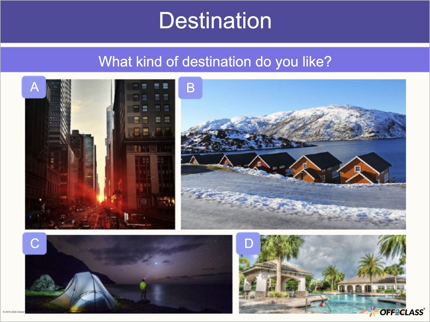Four destination photos prompt a discussion about preferred travel destinations.