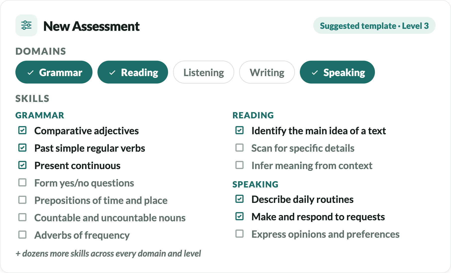 A preview of the assessment selection screen.