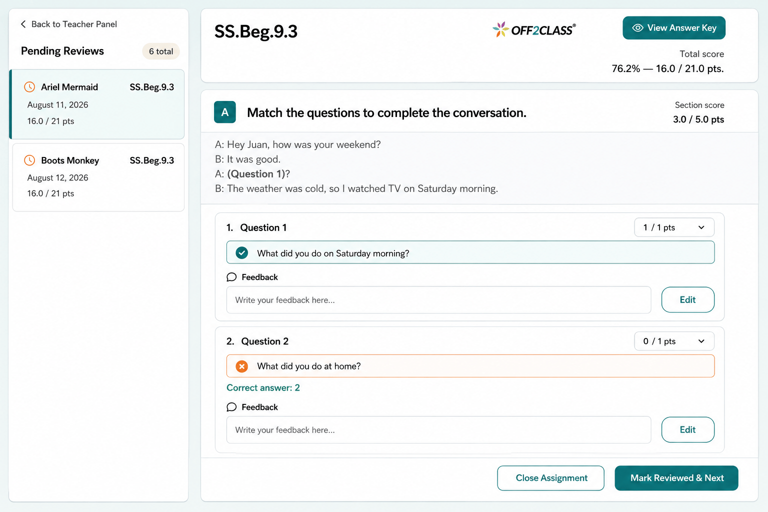 The homework review window, with pending reviews, scores and feedback.