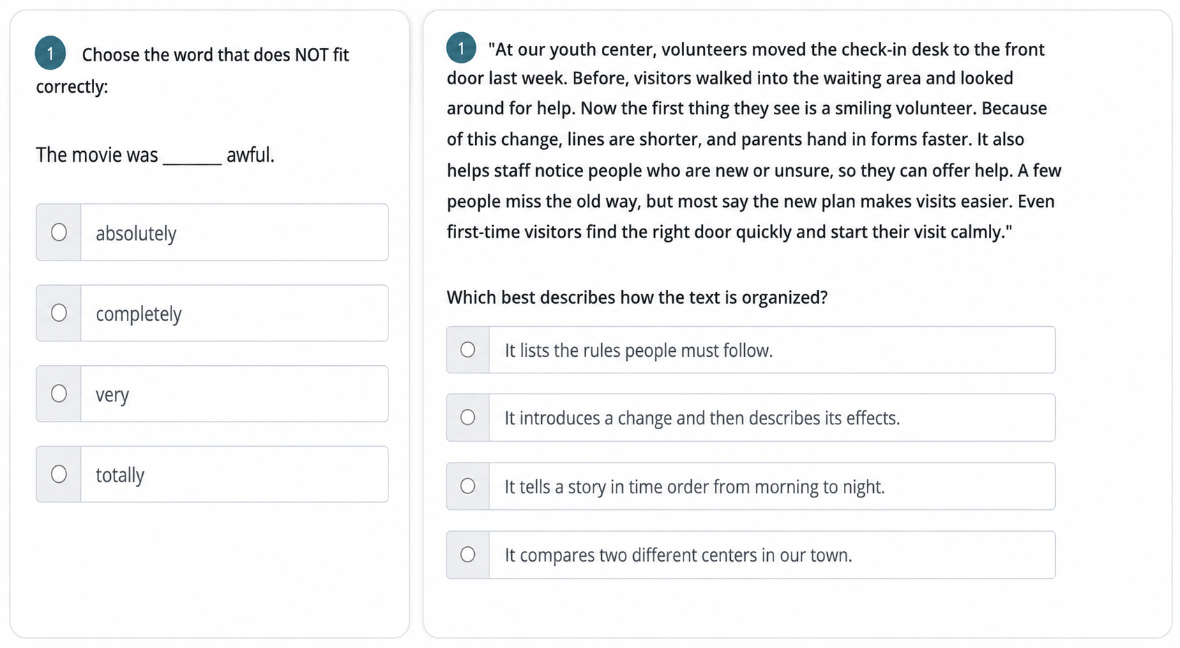 Grammar and Reading assessment question examples