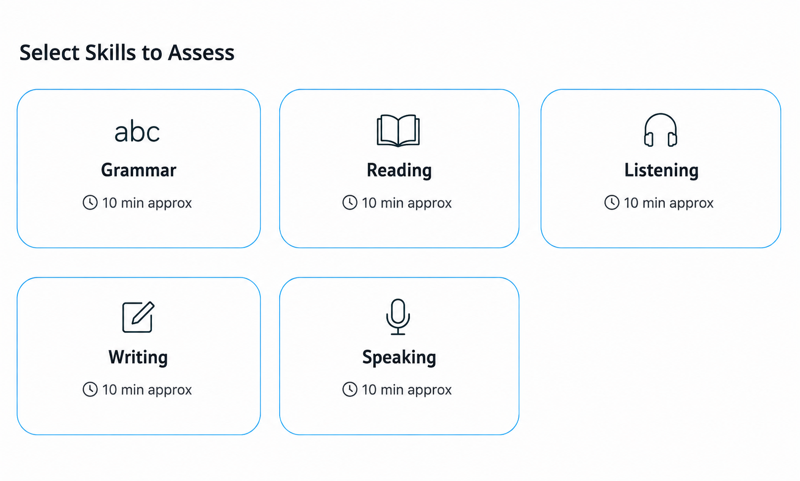 Grammar, Reading, Listening, Writing and Speaking in the assessment section picker