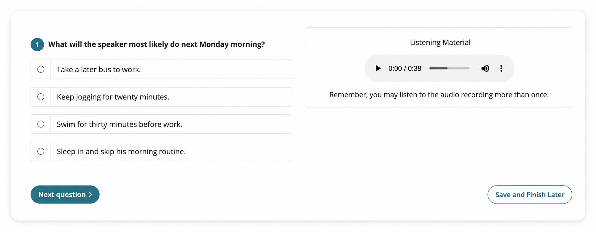 Listening assessment question, audio player and multiple-choice answers
