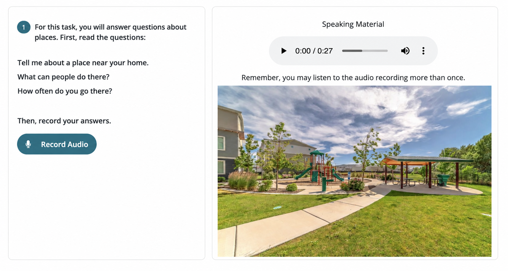 Speaking task with place prompts and the Record Audio button