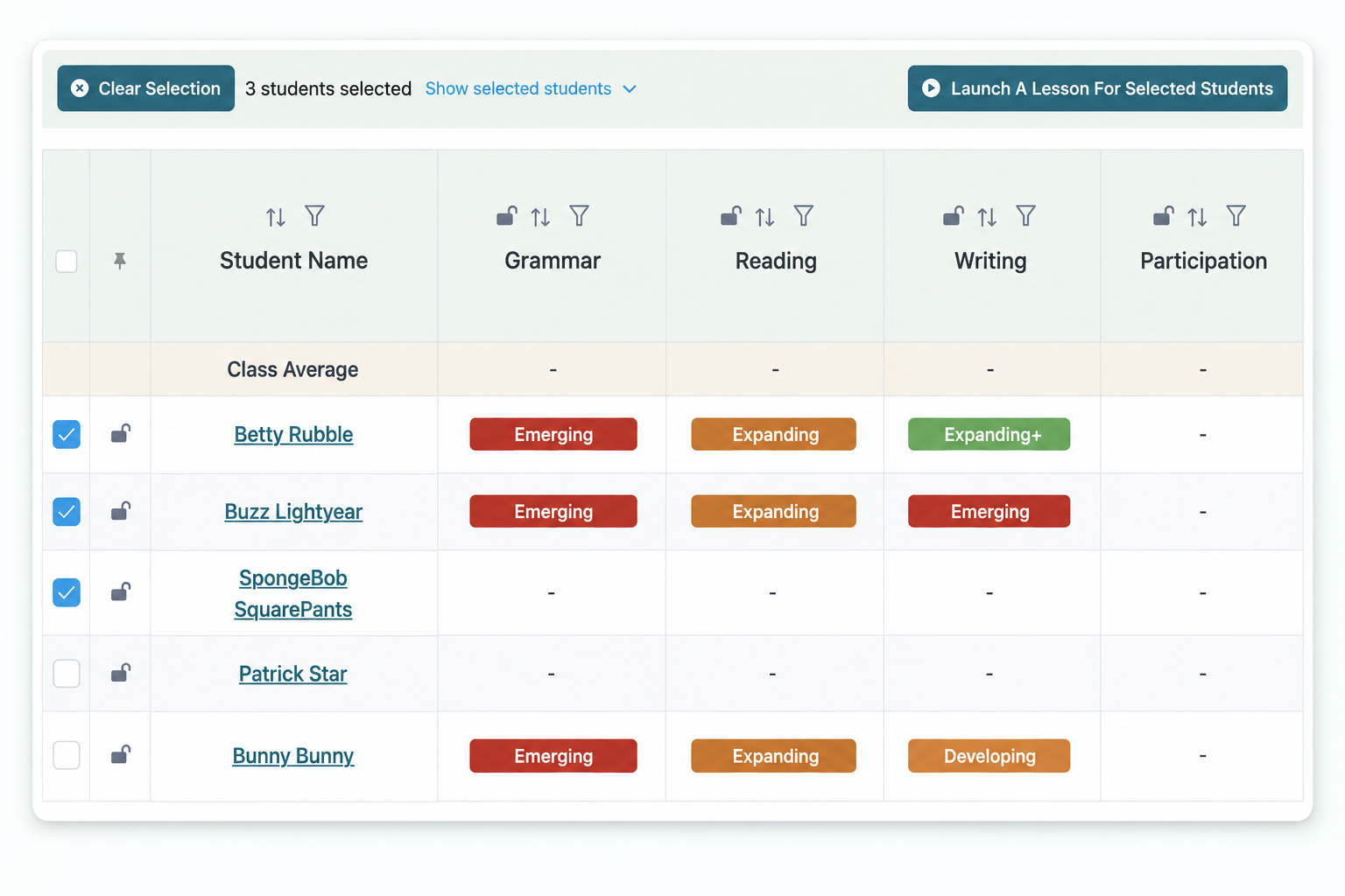 Selected students in the class roster and the action to launch a lesson for them