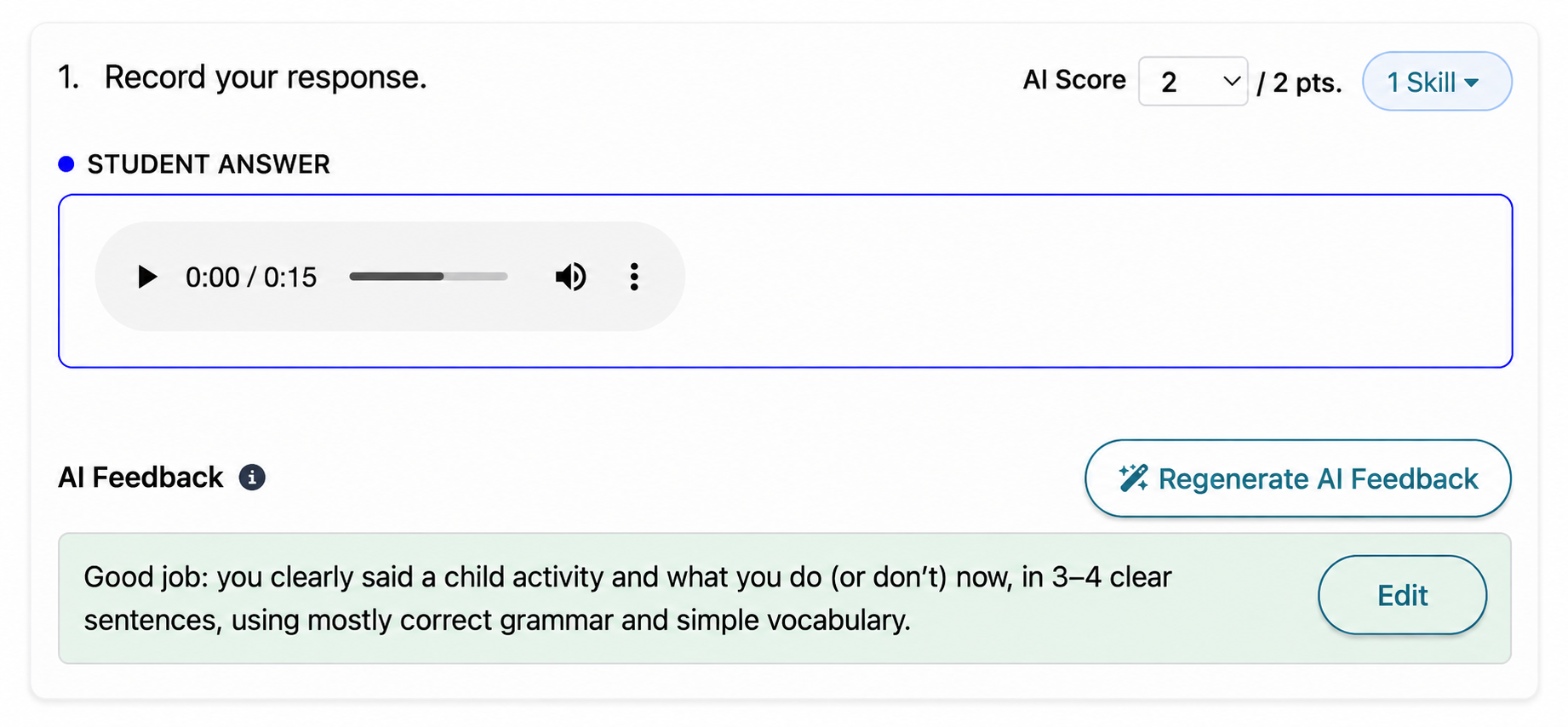 Recorded student response with an AI score and editable feedback