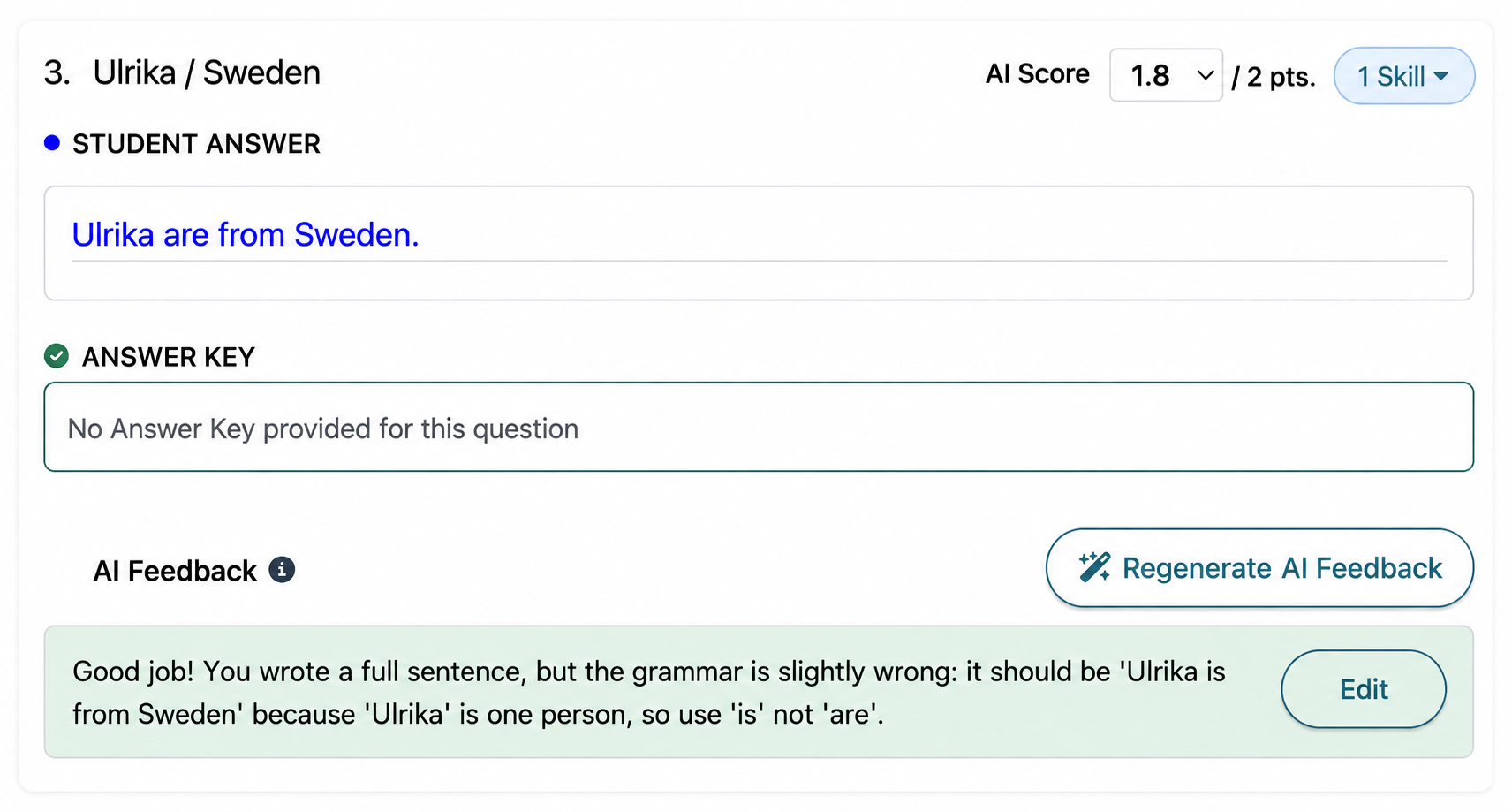 Written student response with an AI score and editable feedback