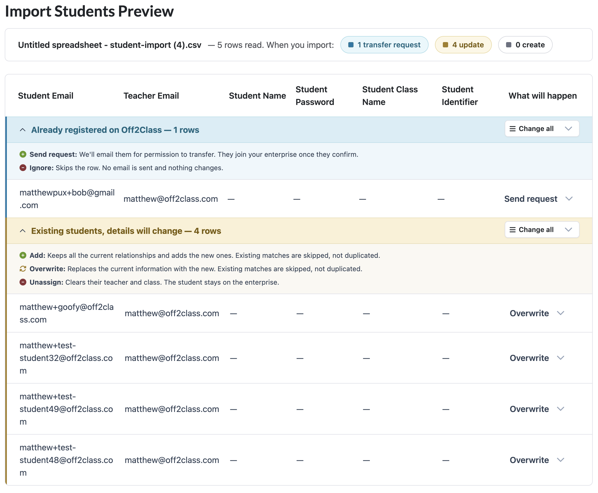 Import Students Preview showing one transfer request and four existing students to update, with Add, Overwrite and Unassign options.