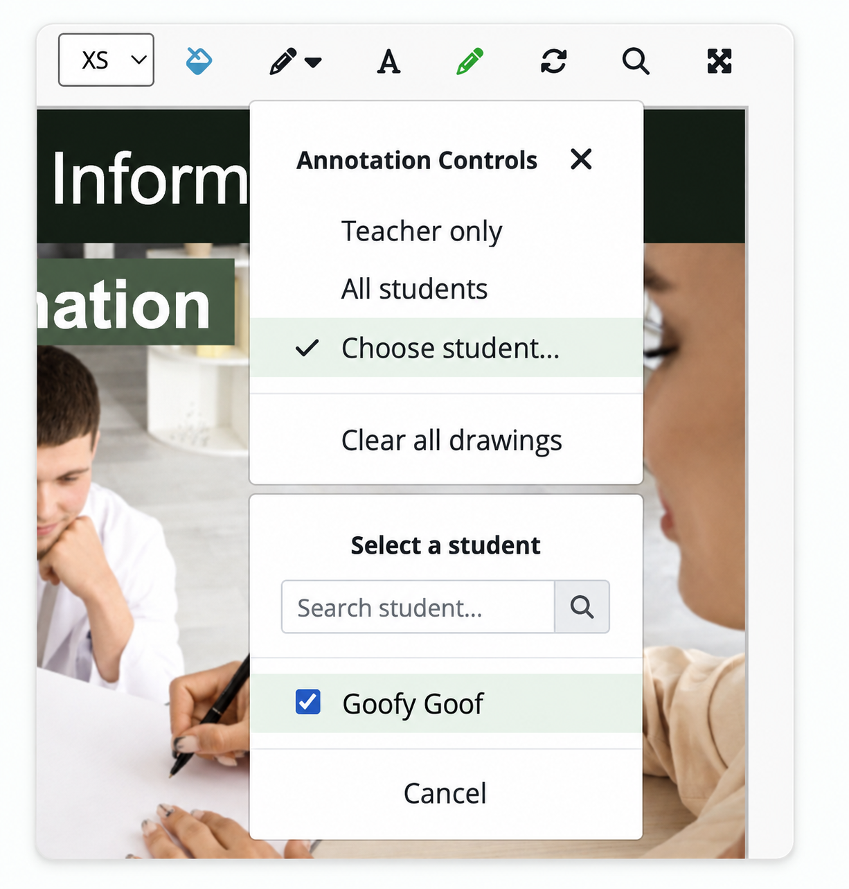Annotation Controls and an individual student selected for access