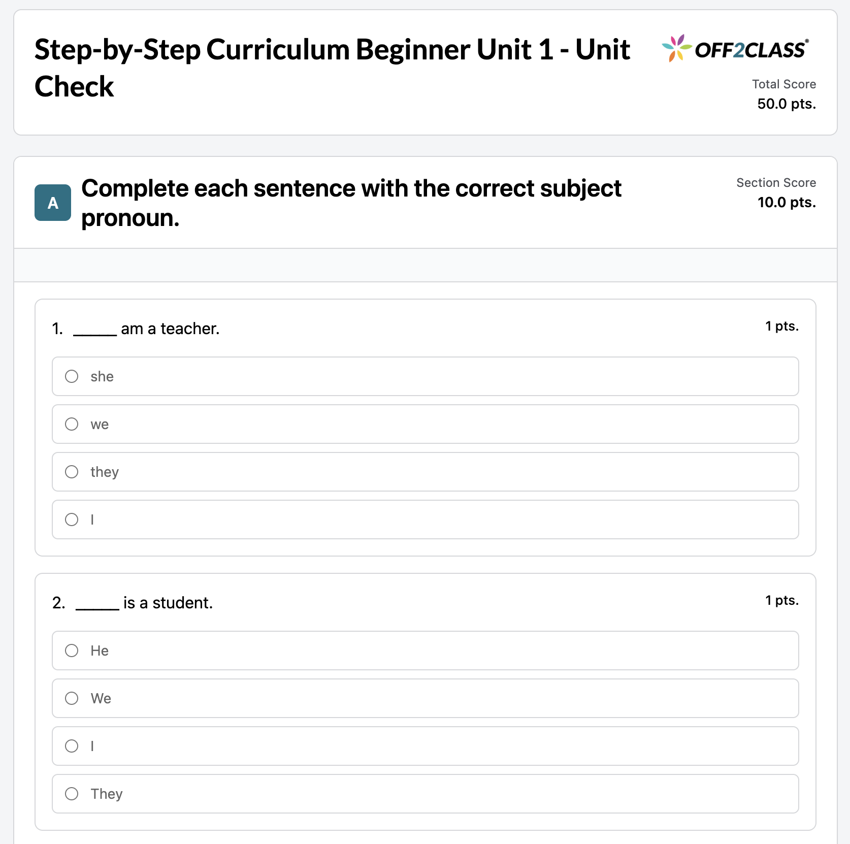 Example Unit Check from Step-by-Step Curriculum Beginner Unit 1, showing subject-pronoun questions