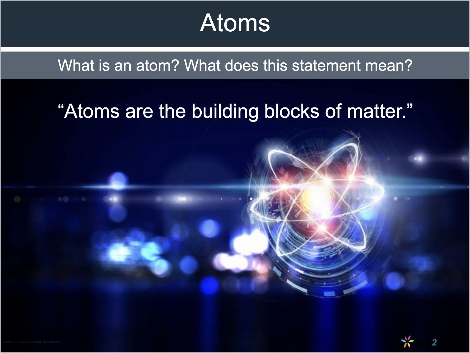 Core Curriculum: Science: Unit 7, Lesson 1 — Atoms and elements, Slide 2 of 25.