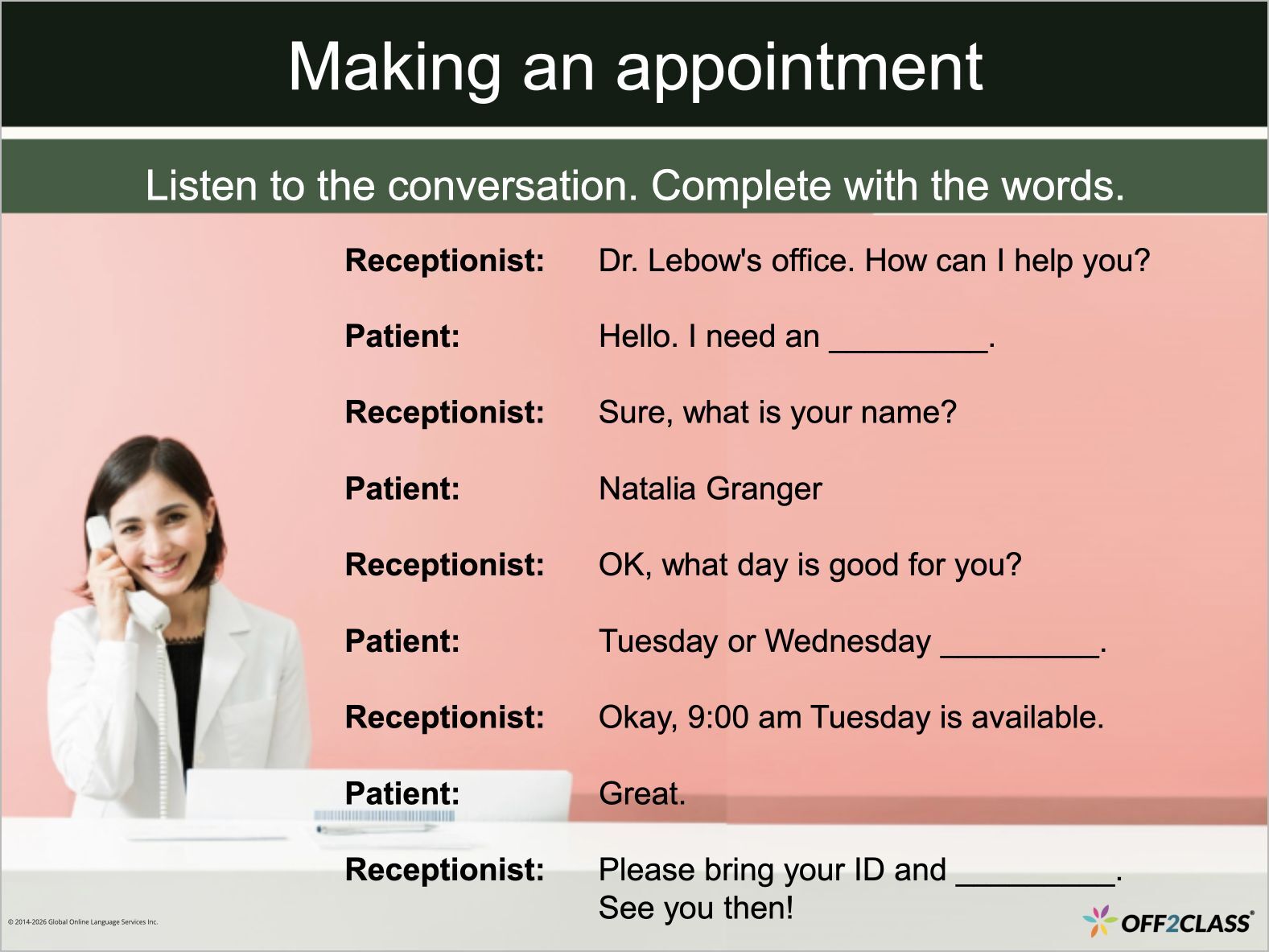 Everyday English for Newcomers: EE.2.1 — Doctor’s appointment, Slide 13 of 38.
