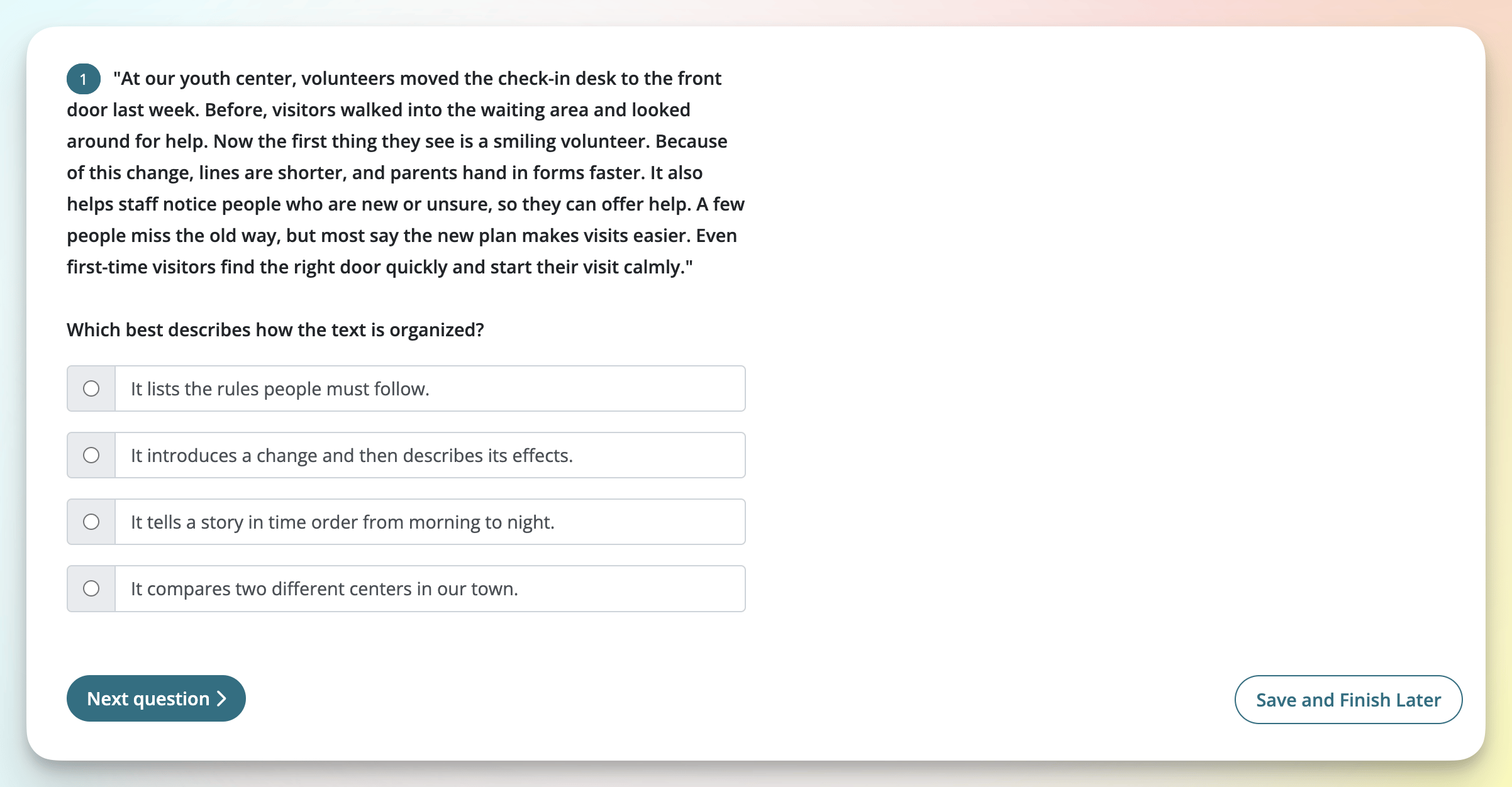 Reading passage and multiple-choice comprehension question