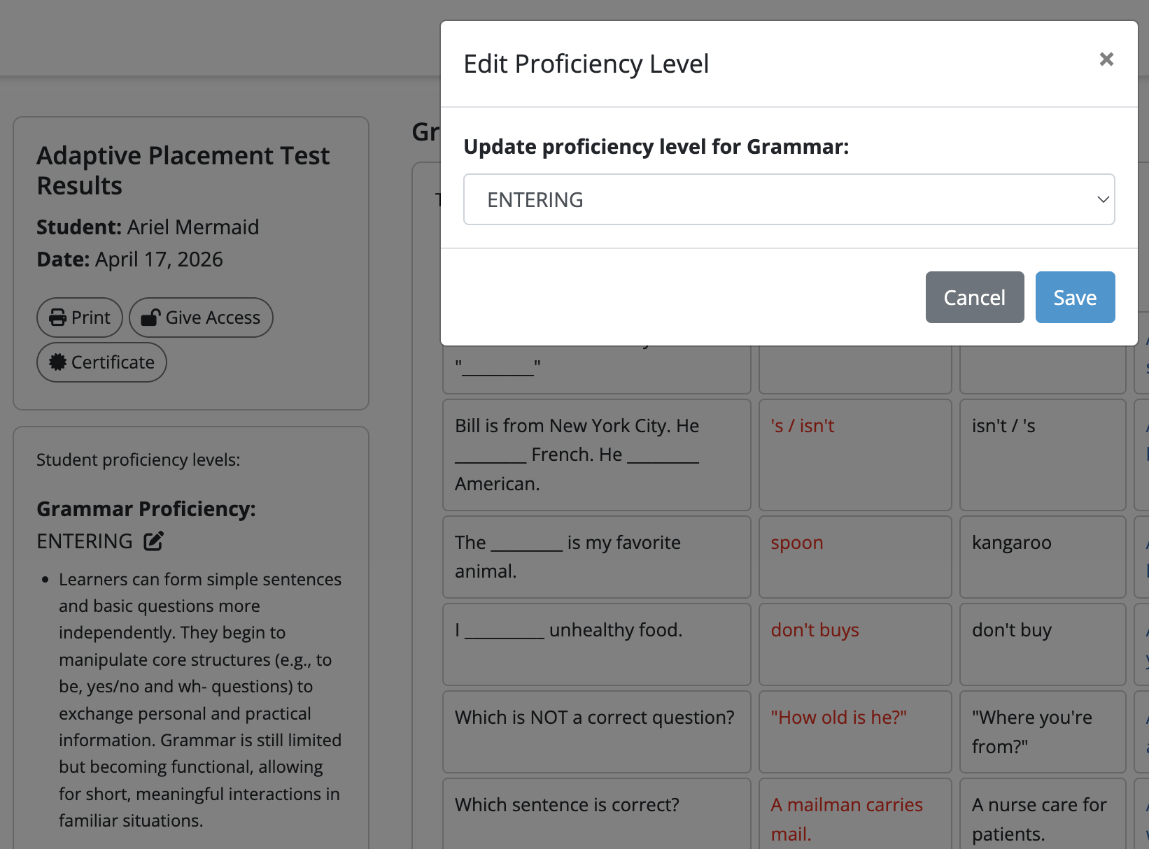 Edit Proficiency Level dialog for Grammar, with a level dropdown and Save button, opened from the edit icon beside the recorded proficiency level.