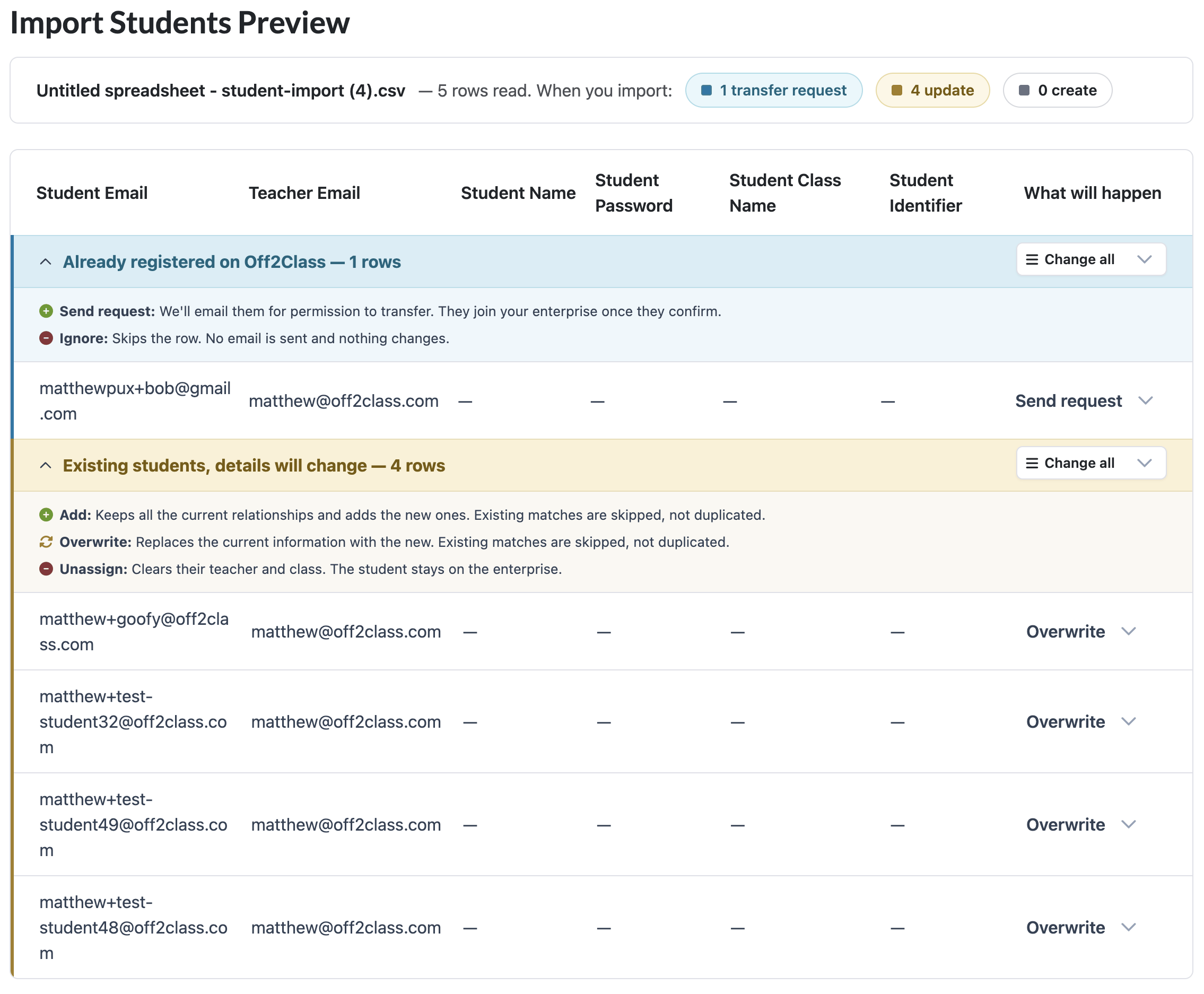 Import Students Preview showing one transfer request and four existing students to update, with Add, Overwrite and Unassign options.