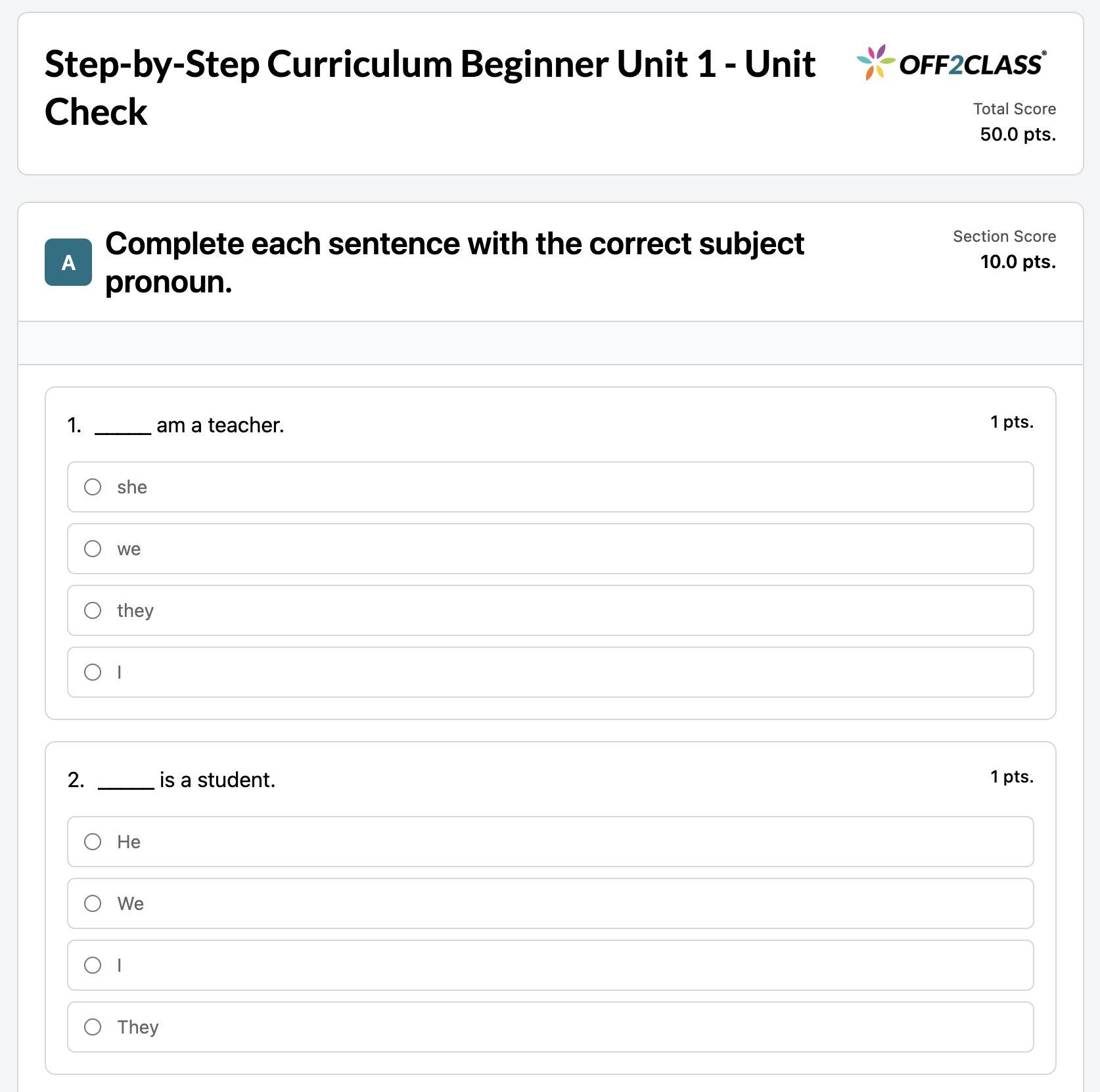 Example Unit Check from Step-by-Step Curriculum Beginner Unit 1, showing subject-pronoun questions