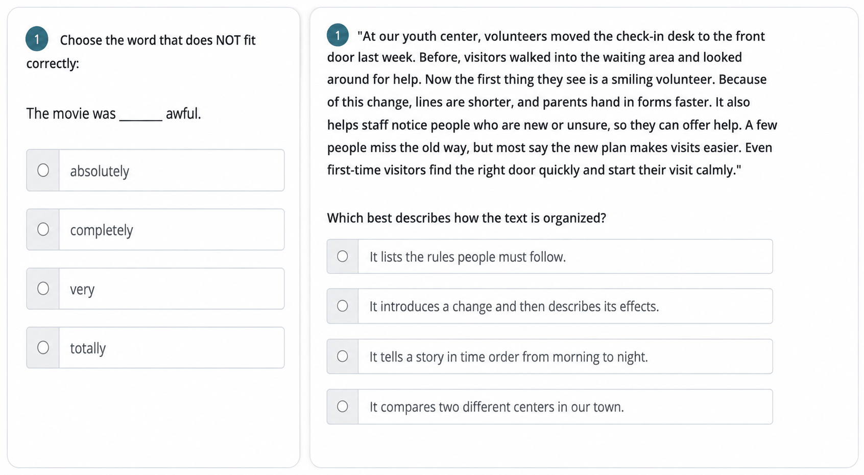 Grammar and Reading assessment question examples