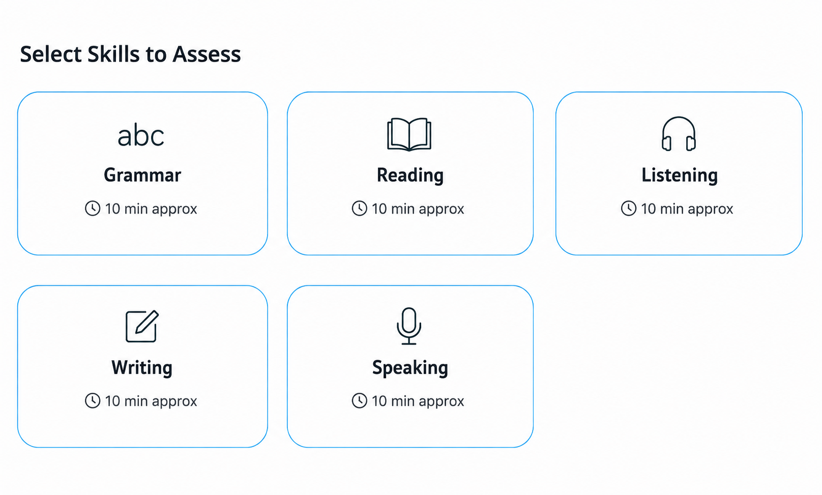 Grammar, Reading, Listening, Writing and Speaking in the assessment section picker