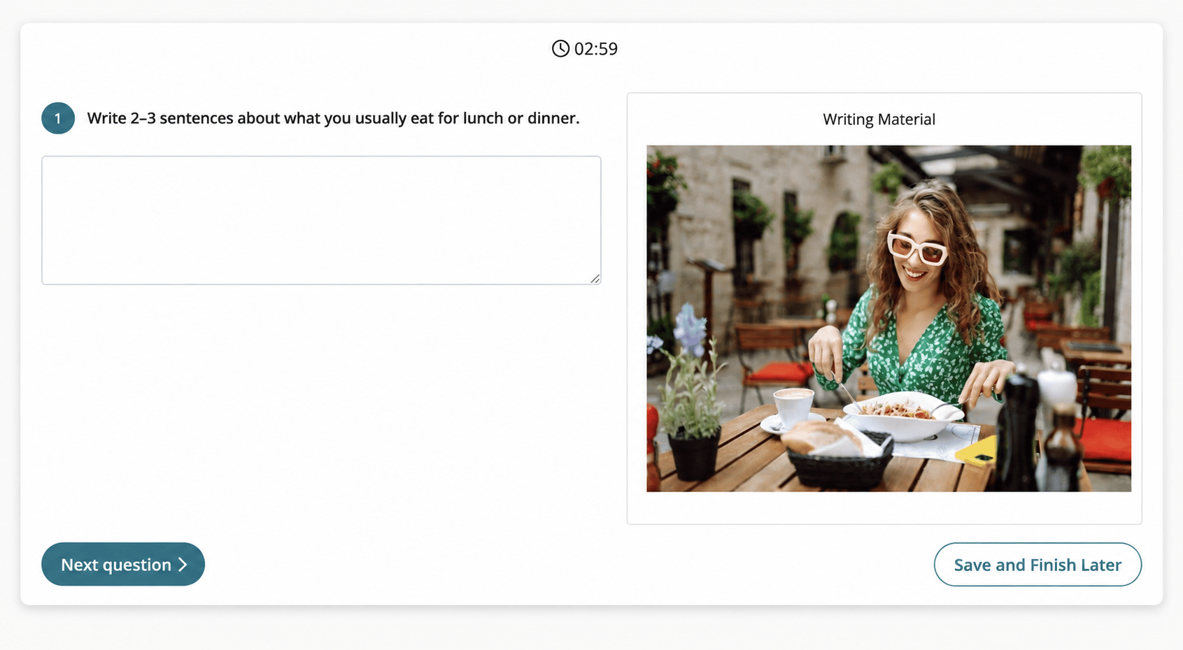 Writing assessment prompt with an empty response field and visual material